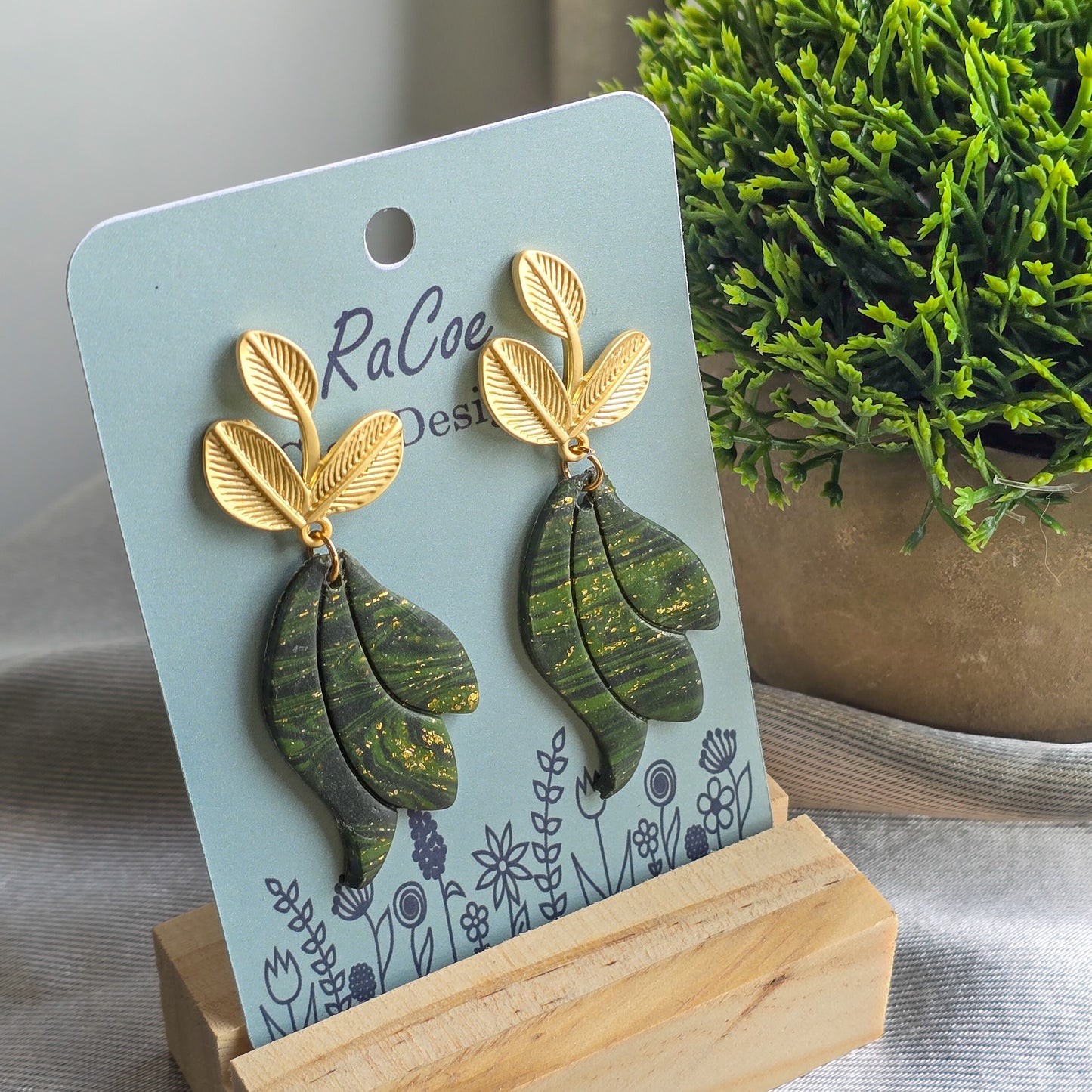 Polymer Clay dangle earrings, Green and brushed gold, dressy or casual jewelry