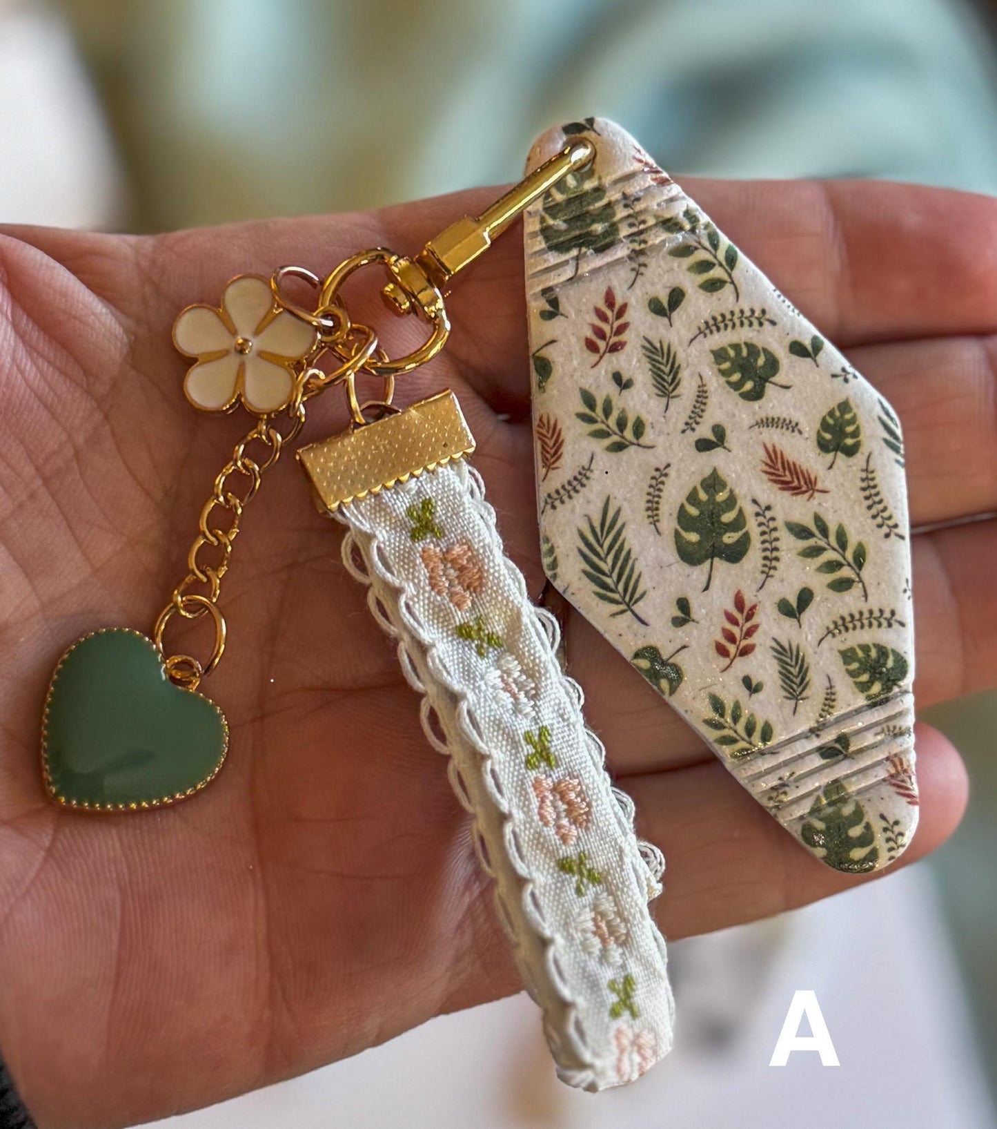 Flower Pot Motel Keychain, Polymer Clay, gold keychain set with flower and heart accents