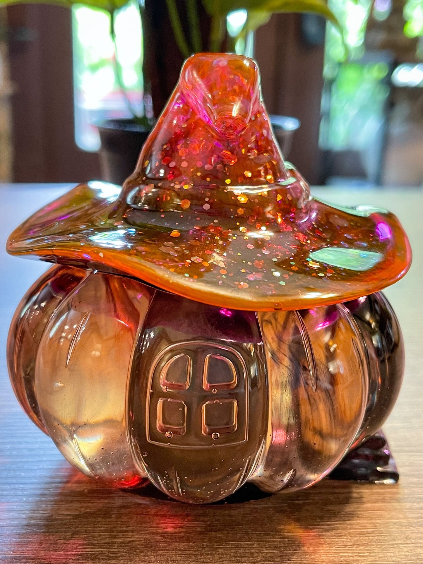 Light up Pumpkin Jar with witches hat, Halloween decoration, trinket jar, candy bowl