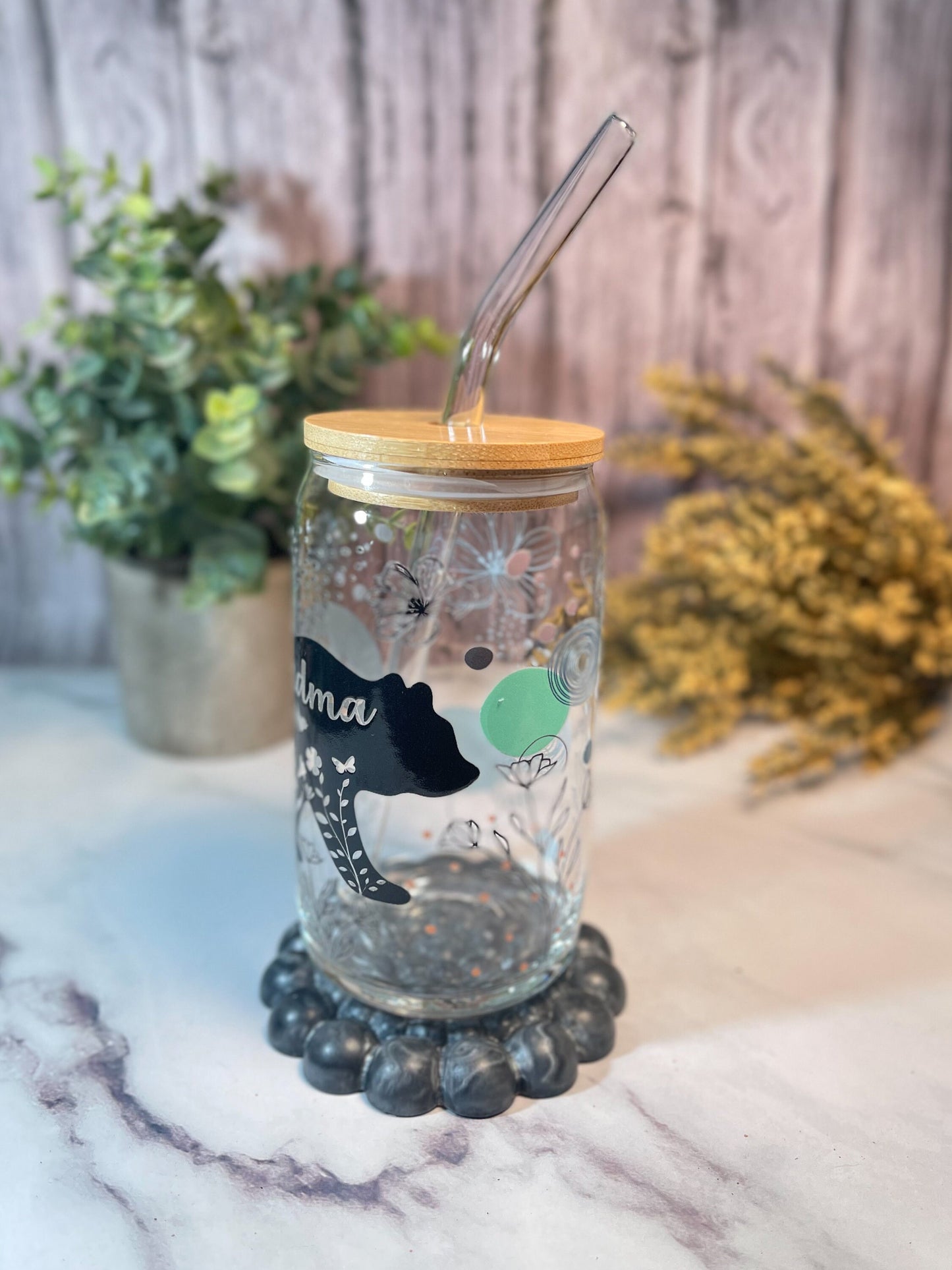 Grandma Bear 16-ounce glass tumbler with bamboo lid and glass straw
