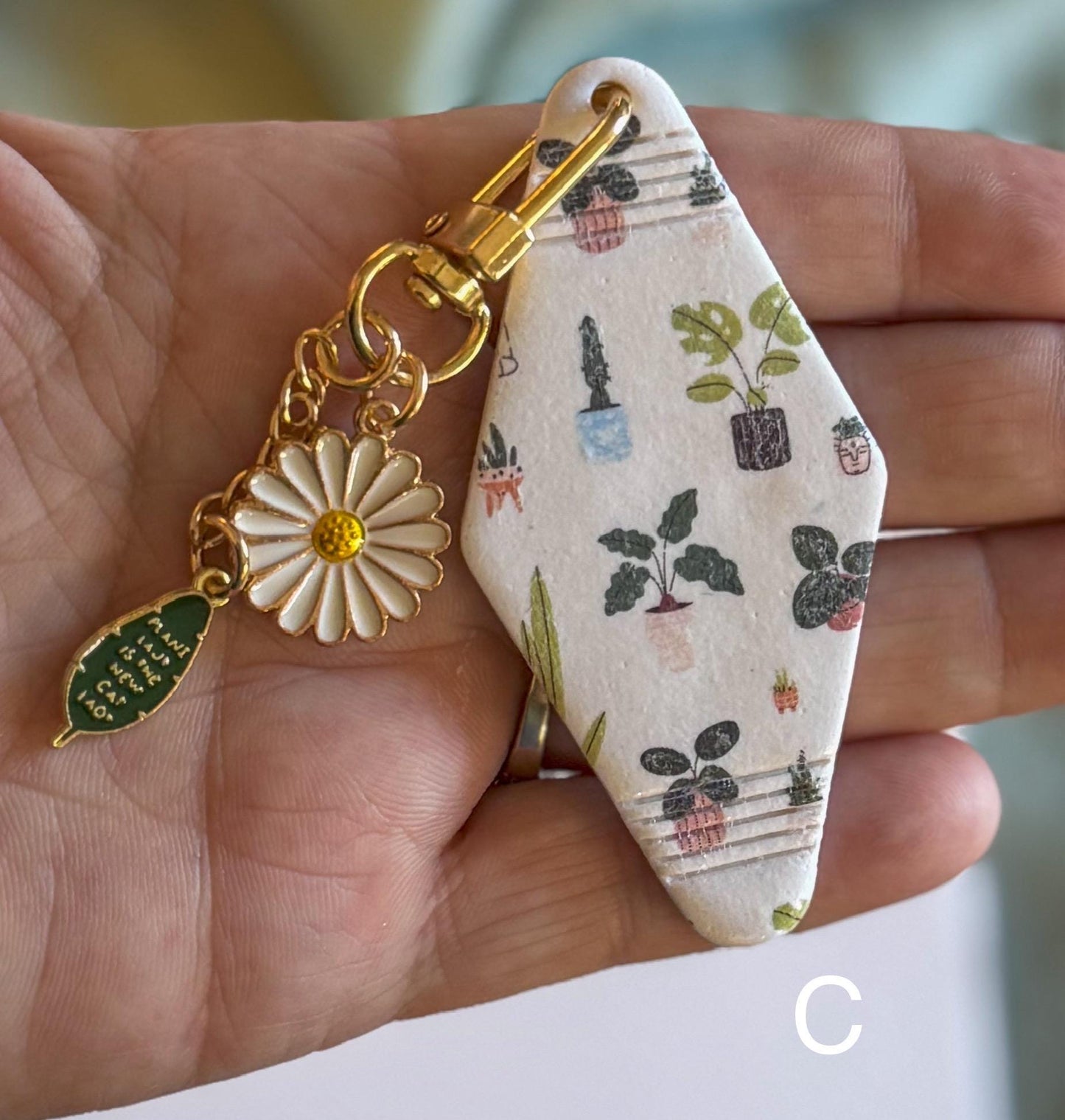 Flower Pot Motel Keychain, Polymer Clay, gold keychain set with flower and heart accents