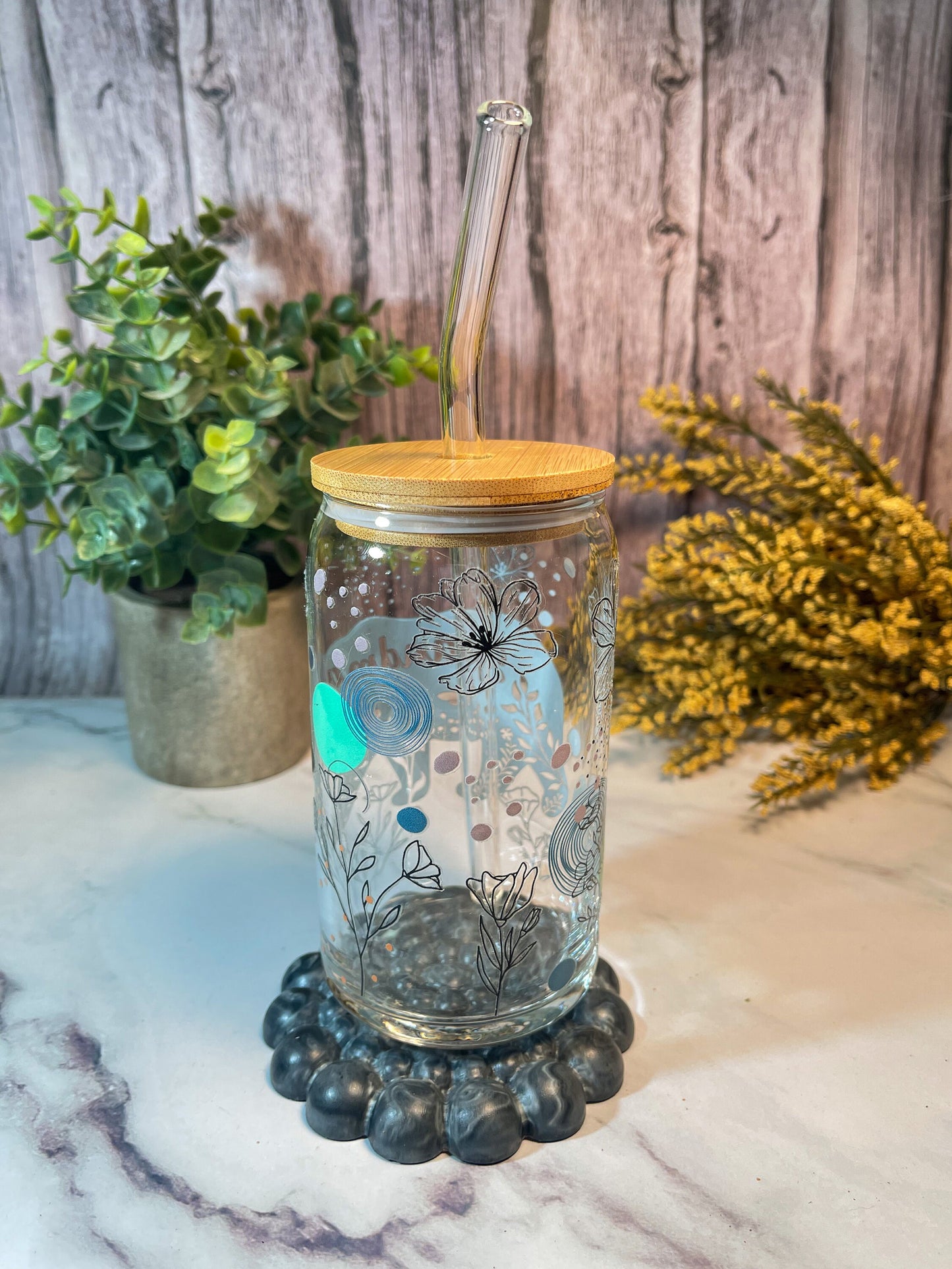 Grandma Bear 16-ounce glass tumbler with bamboo lid and glass straw