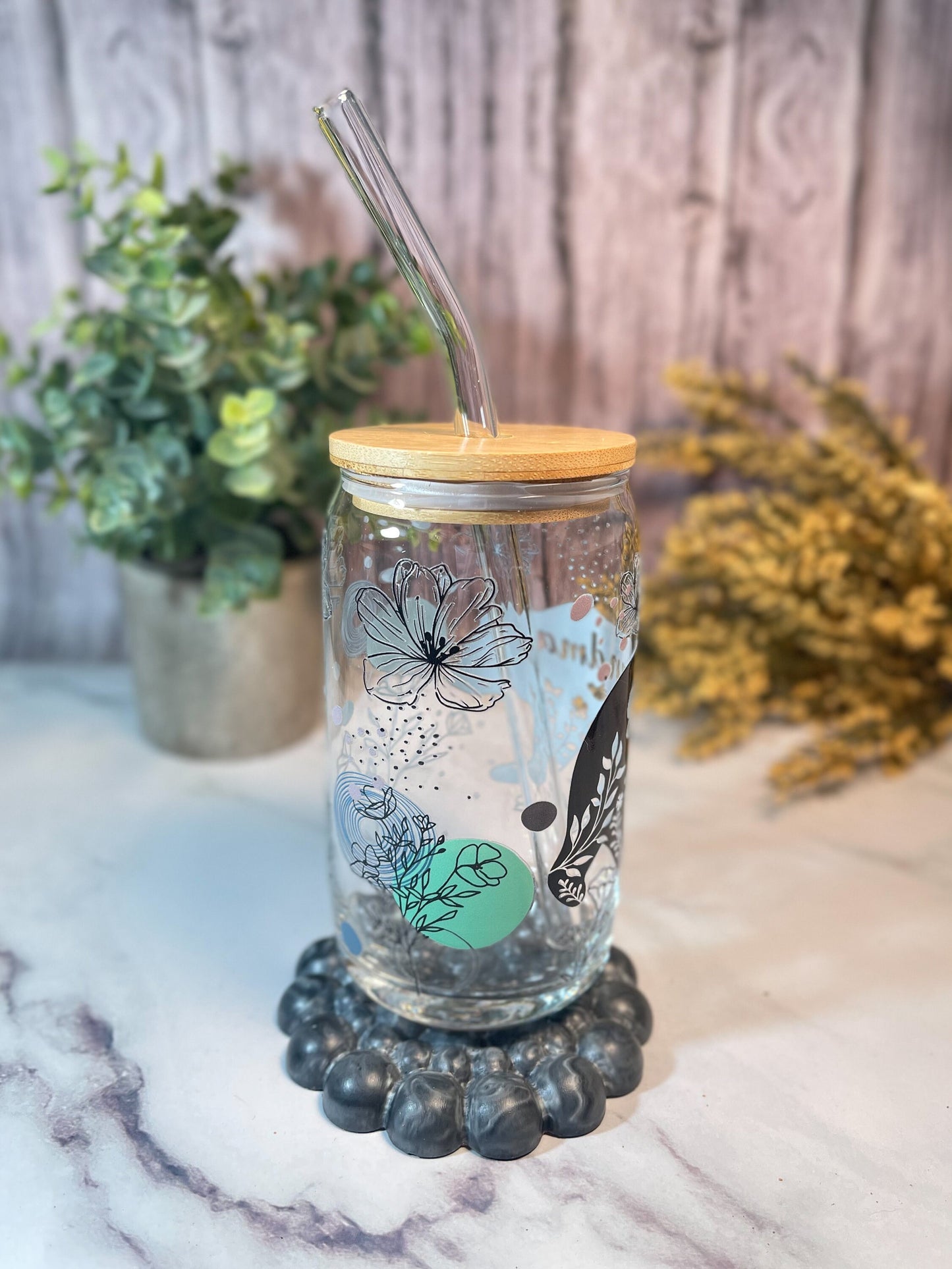 Grandma Bear 16-ounce glass tumbler with bamboo lid and glass straw