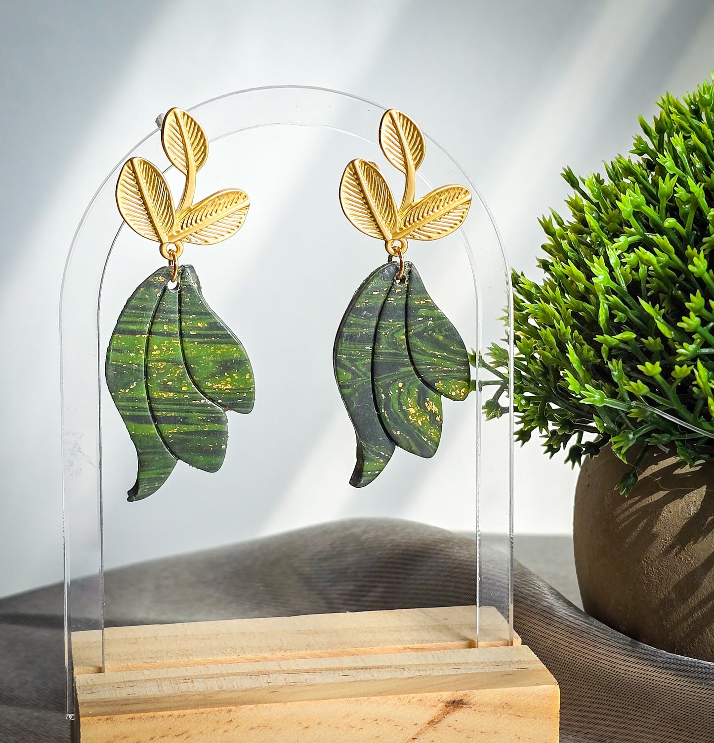 Polymer Clay dangle earrings, Green and brushed gold, dressy or casual jewelry