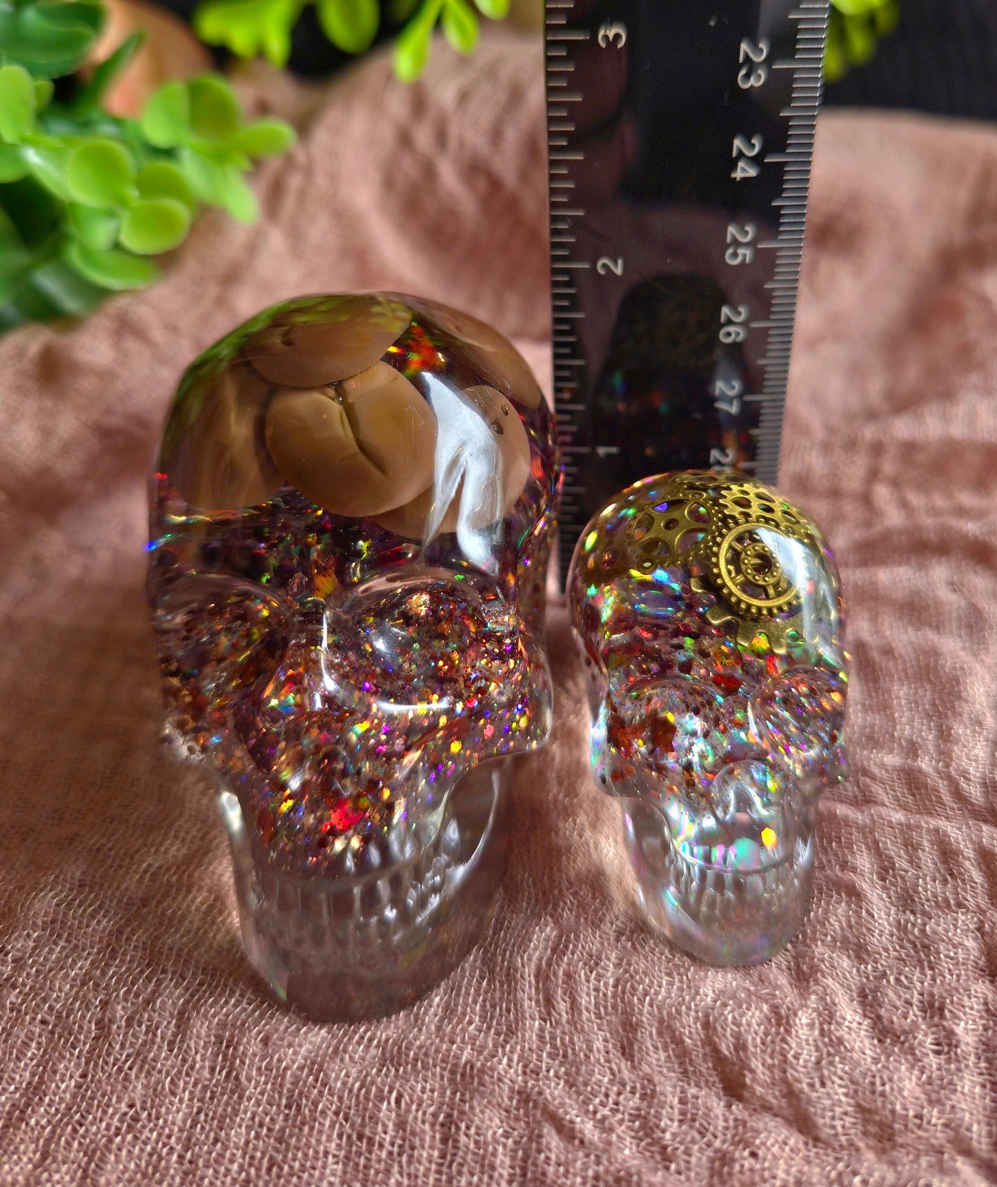 Steampunk Resin Skull with Coffee Bean Brains, Quirky Desk Paperweight