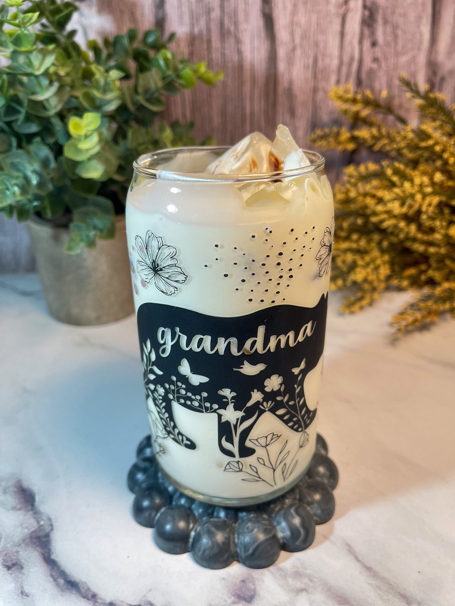 Grandma Bear 16-ounce glass tumbler with bamboo lid and glass straw