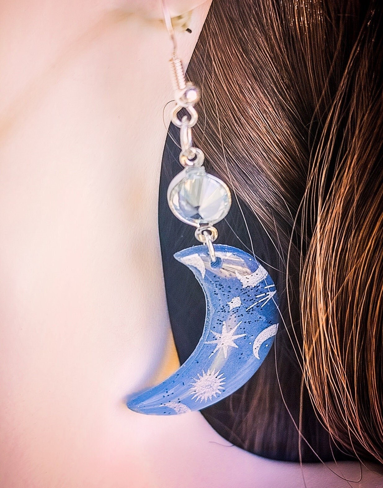 Crescent Moon Dangle earrings, Polymer Clay, Moon and stars, dressy or casual jewelry