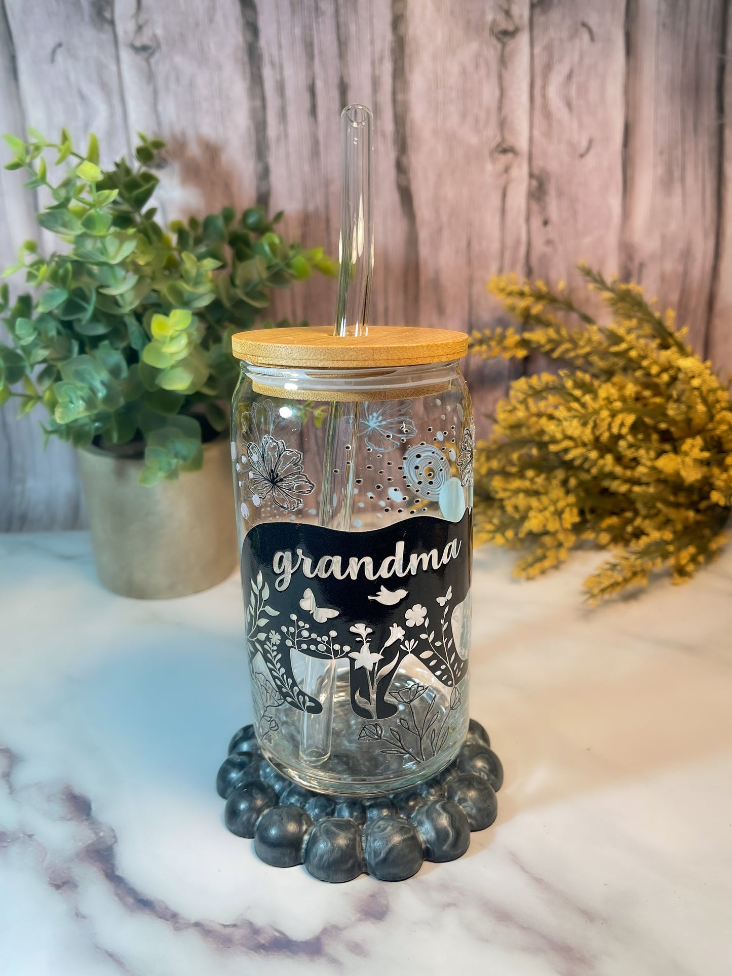 Grandma Bear 16-ounce glass tumbler with bamboo lid and glass straw
