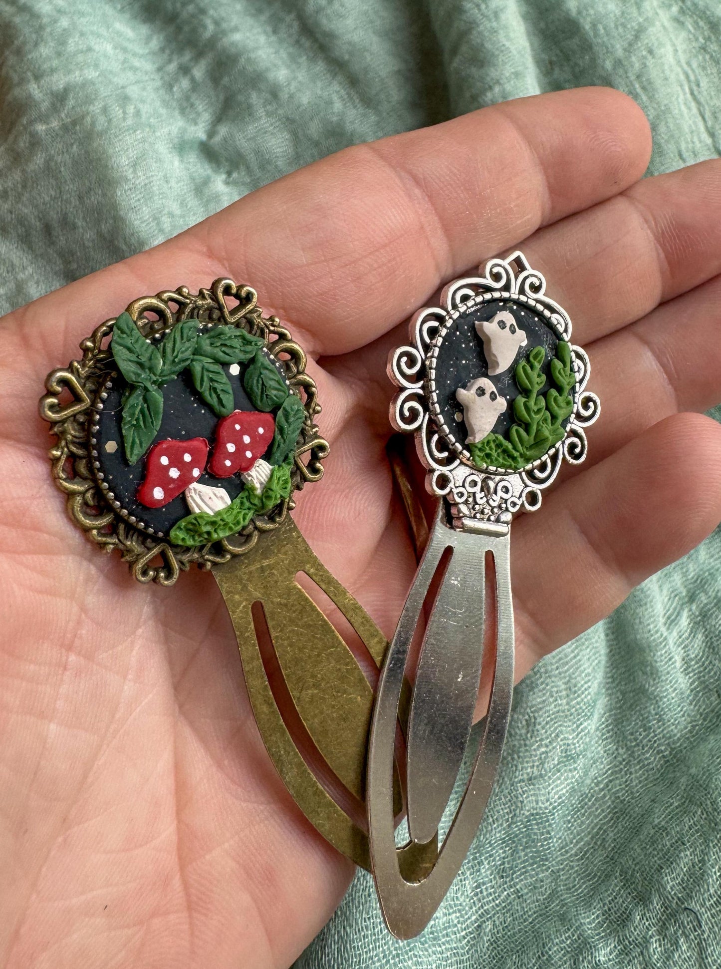 Handmade Polymer Clay Mushroom Metal Bookmark, Unique Reader Gift