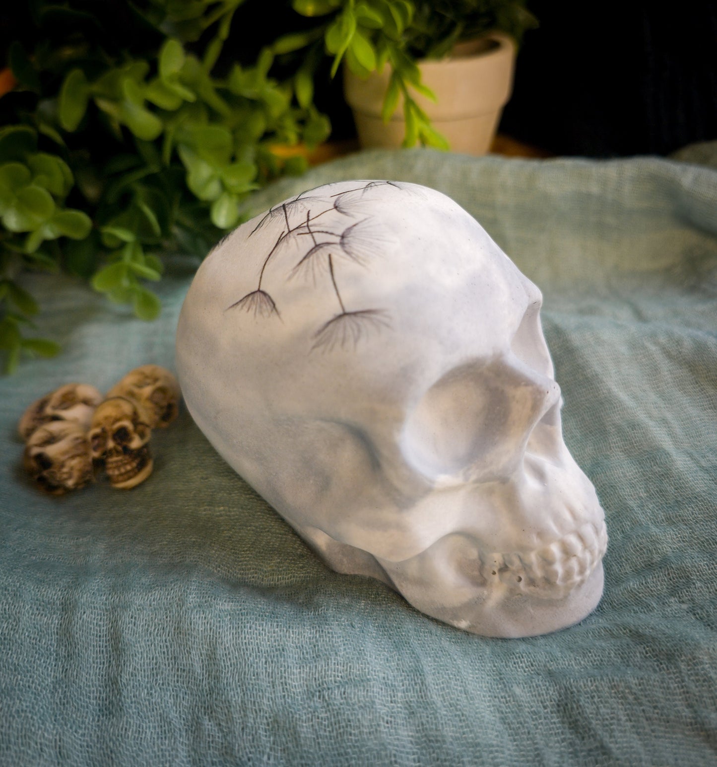 Concrete Skull with Dandelion, Unique Home Decor, paperweight for desk