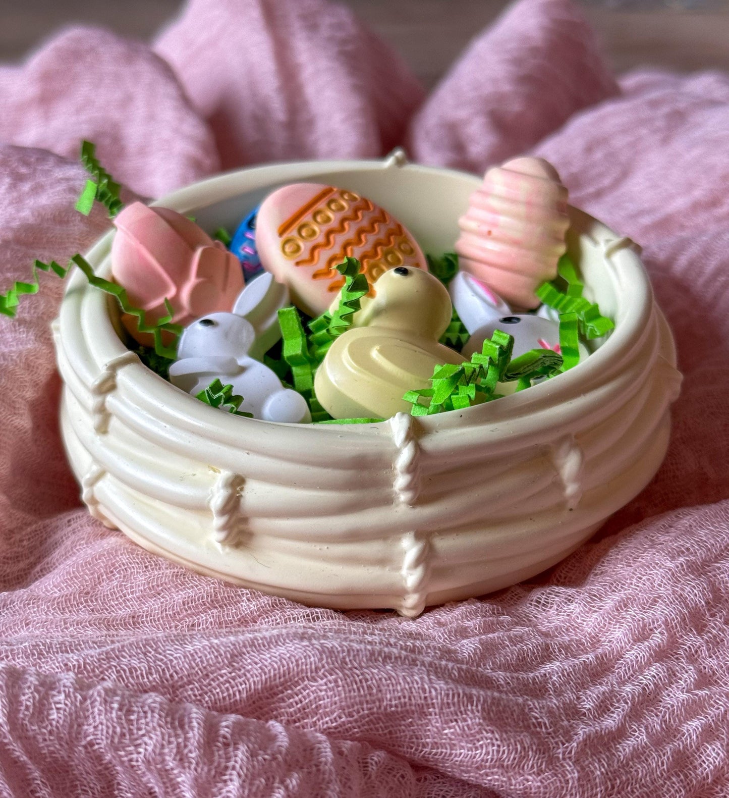 Easter Basket dish with mini bunny and decorated eggs