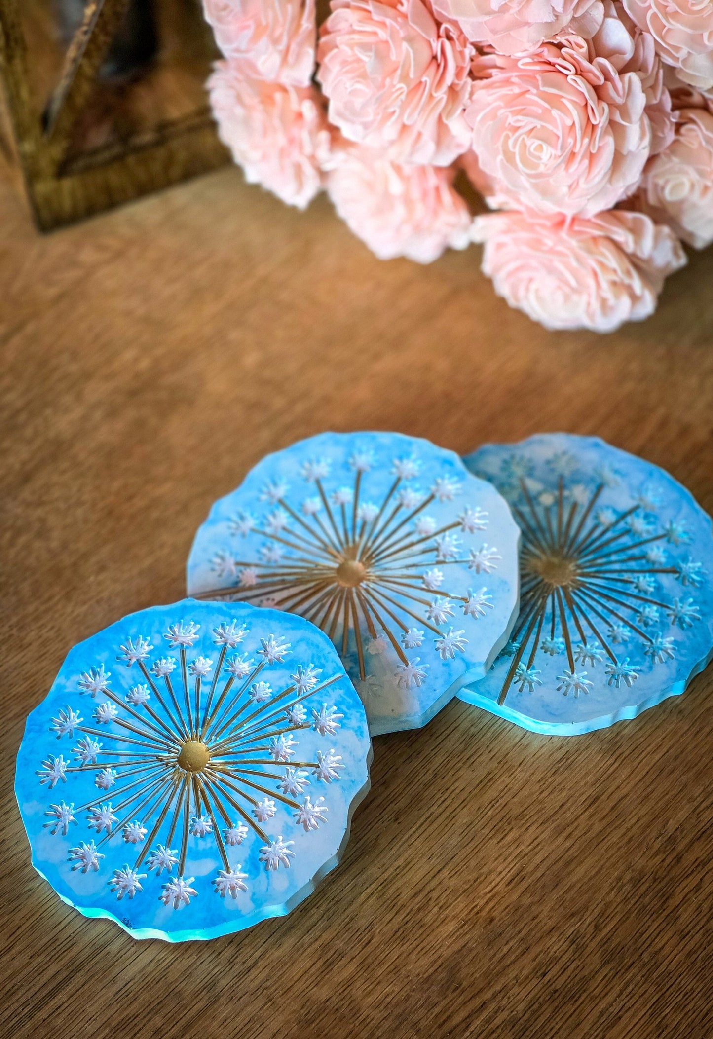 Dandelion cement Coaster Set, Blue and white coaster decor, hot or cold beverage coasters