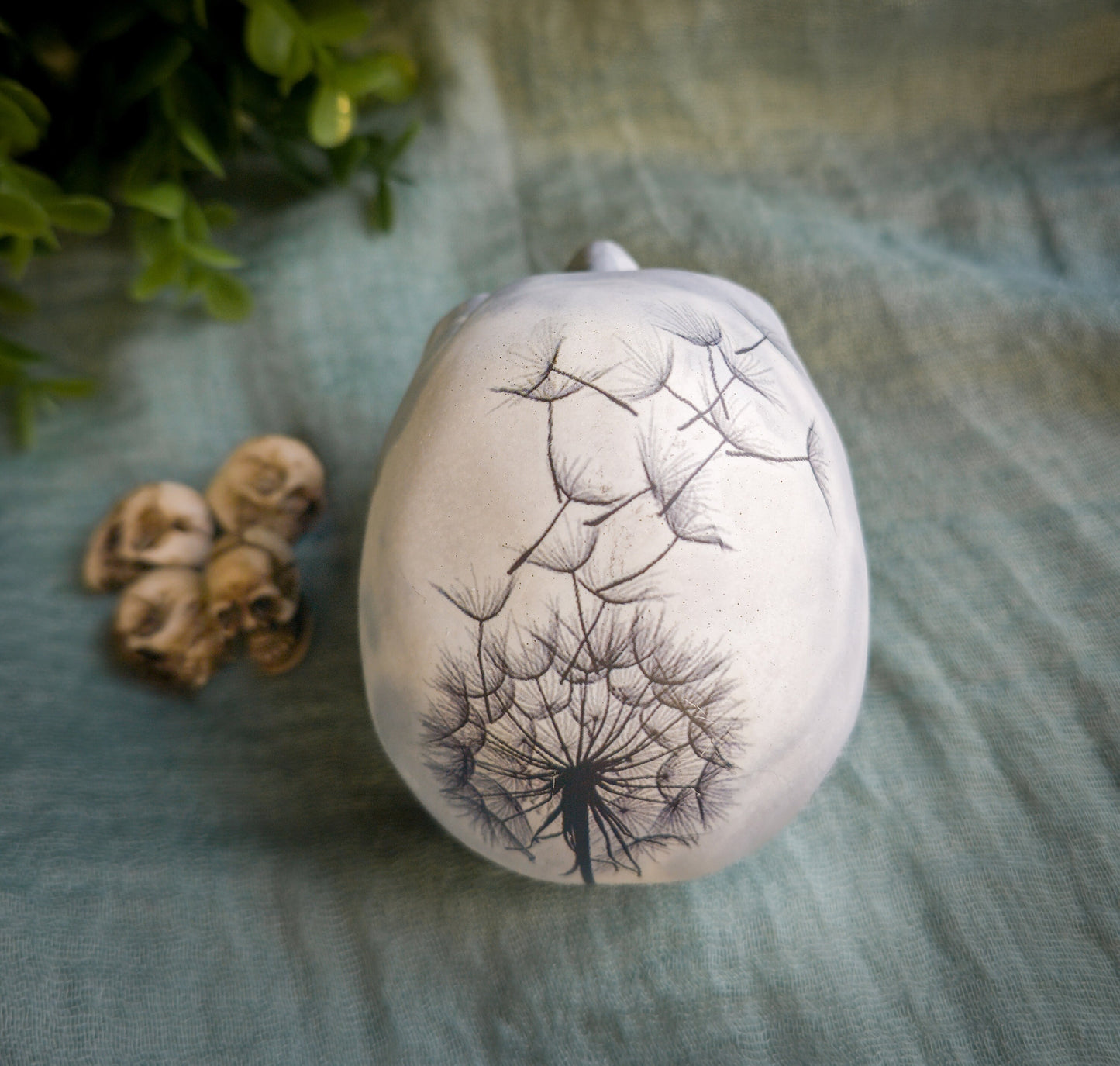 Concrete Skull with Dandelion, Unique Home Decor, paperweight for desk