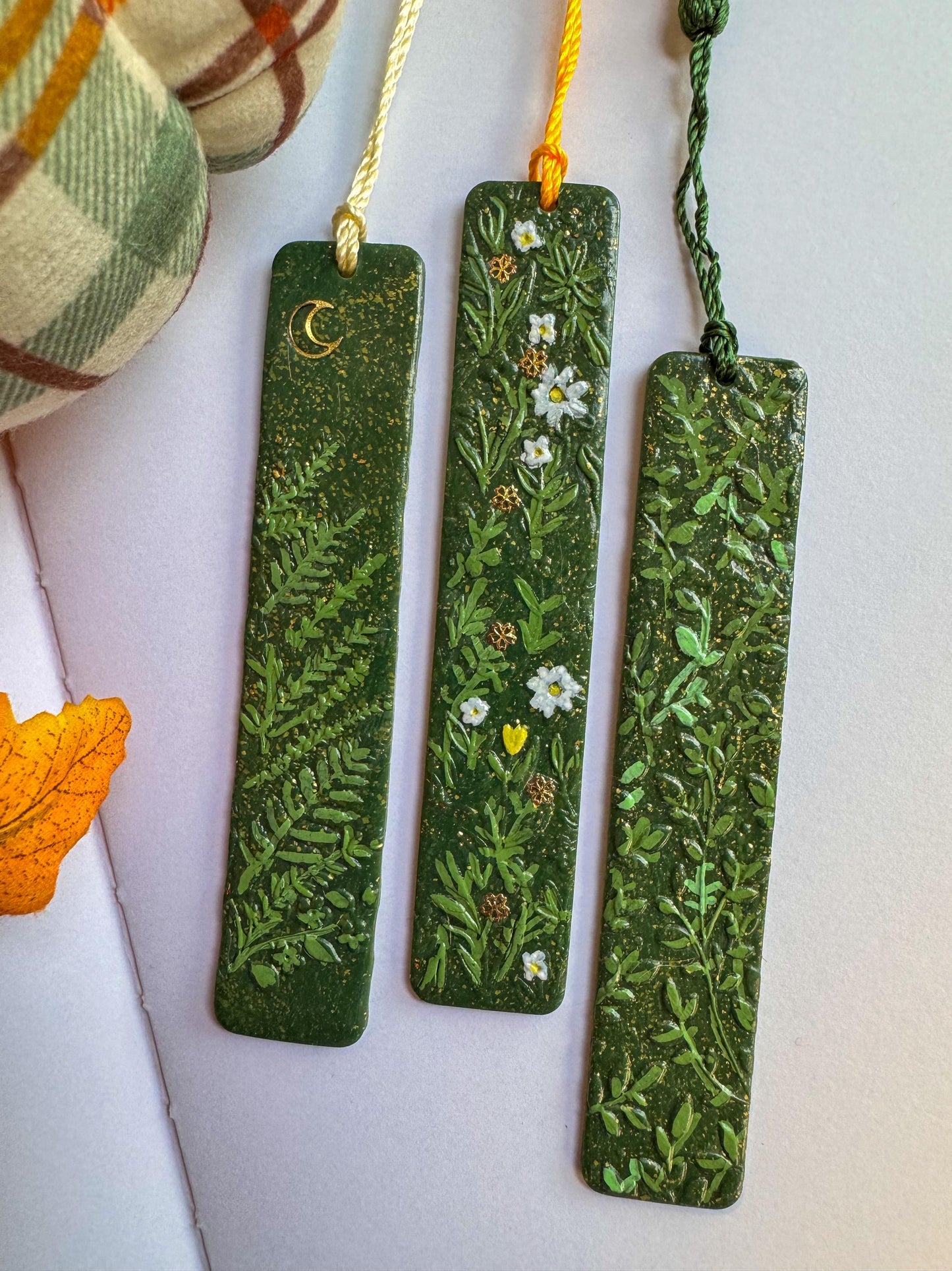 Polymer Clay Leaf and Flowet Bookmark, book lover gift,  book accessories, handmade reader gift, plant bookmark