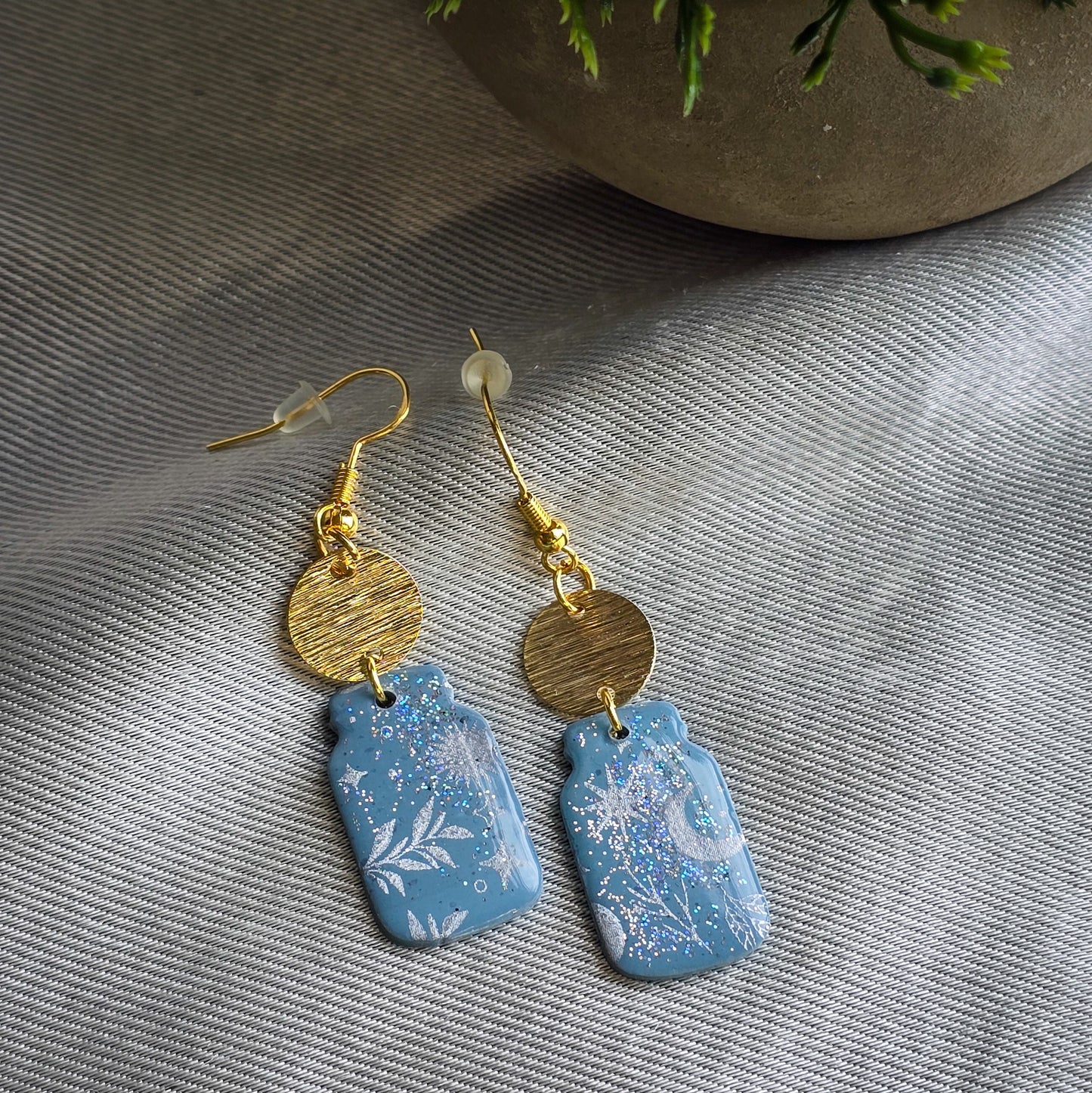 Gold Polymer Clay Moon & Star Dangle earrings, hypoallergenic, dressy or casual jewelry