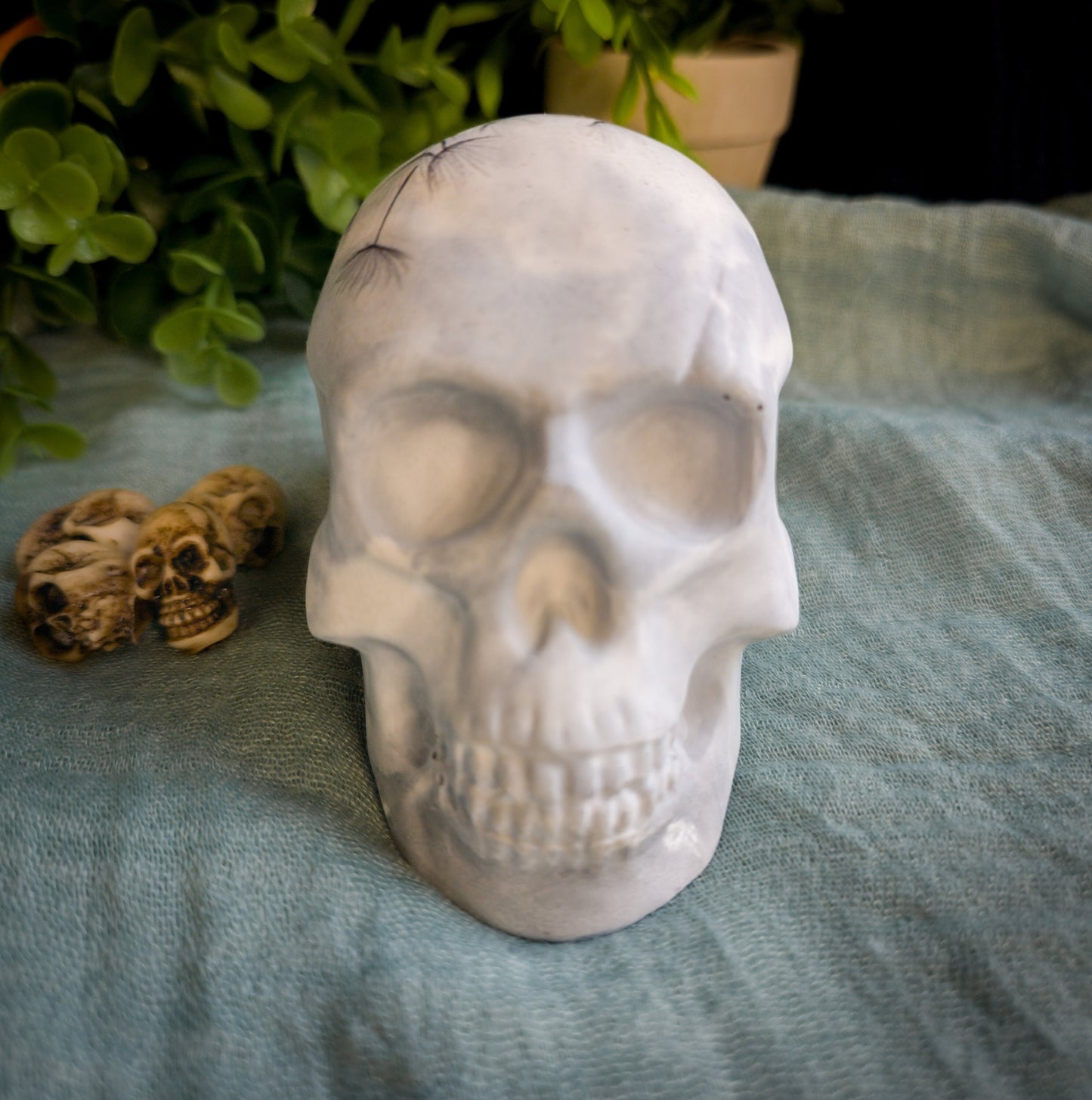 Concrete Skull with Dandelion, Unique Home Decor, paperweight for desk