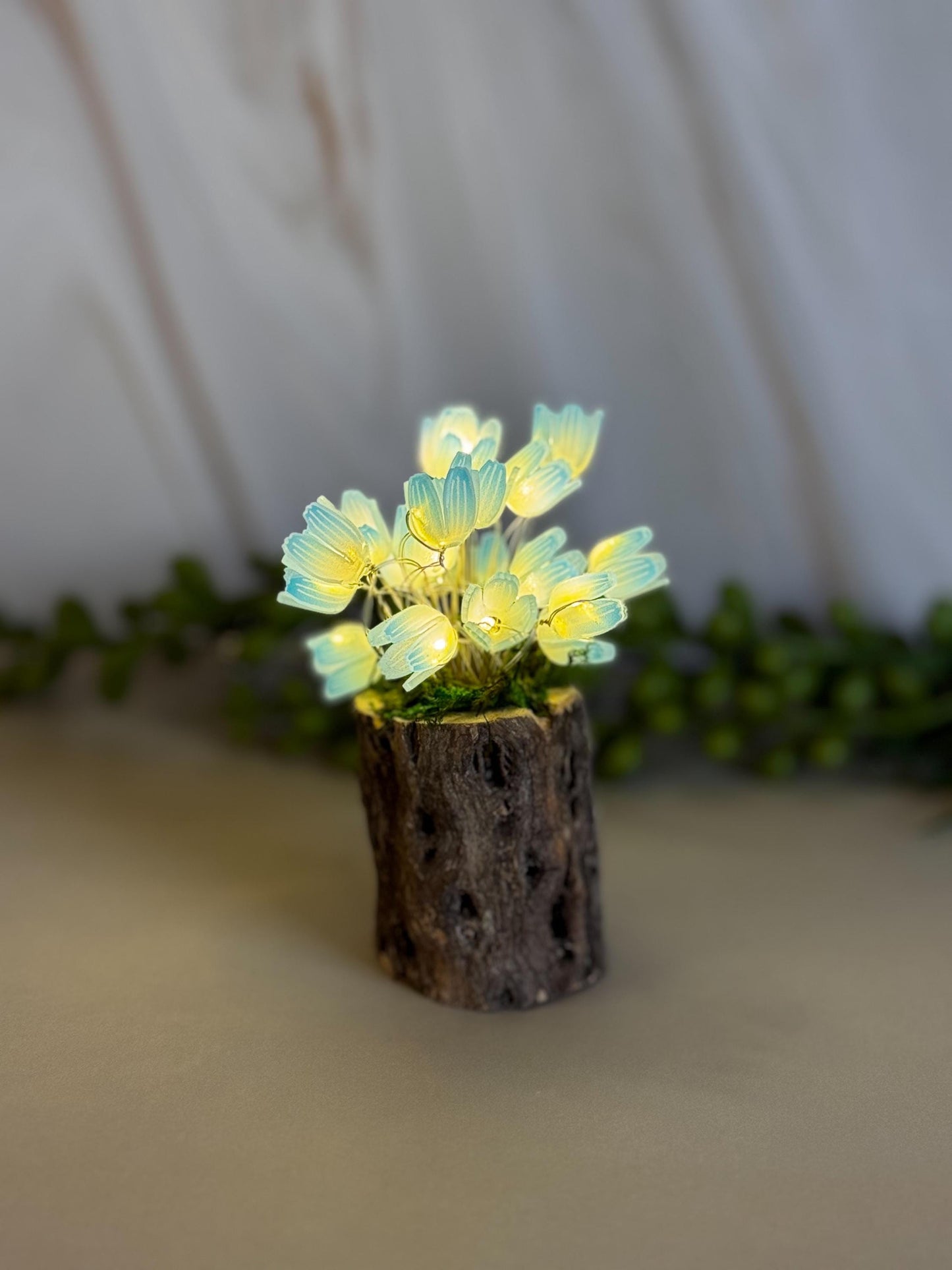 Fairy garden with tulips and fairy lights