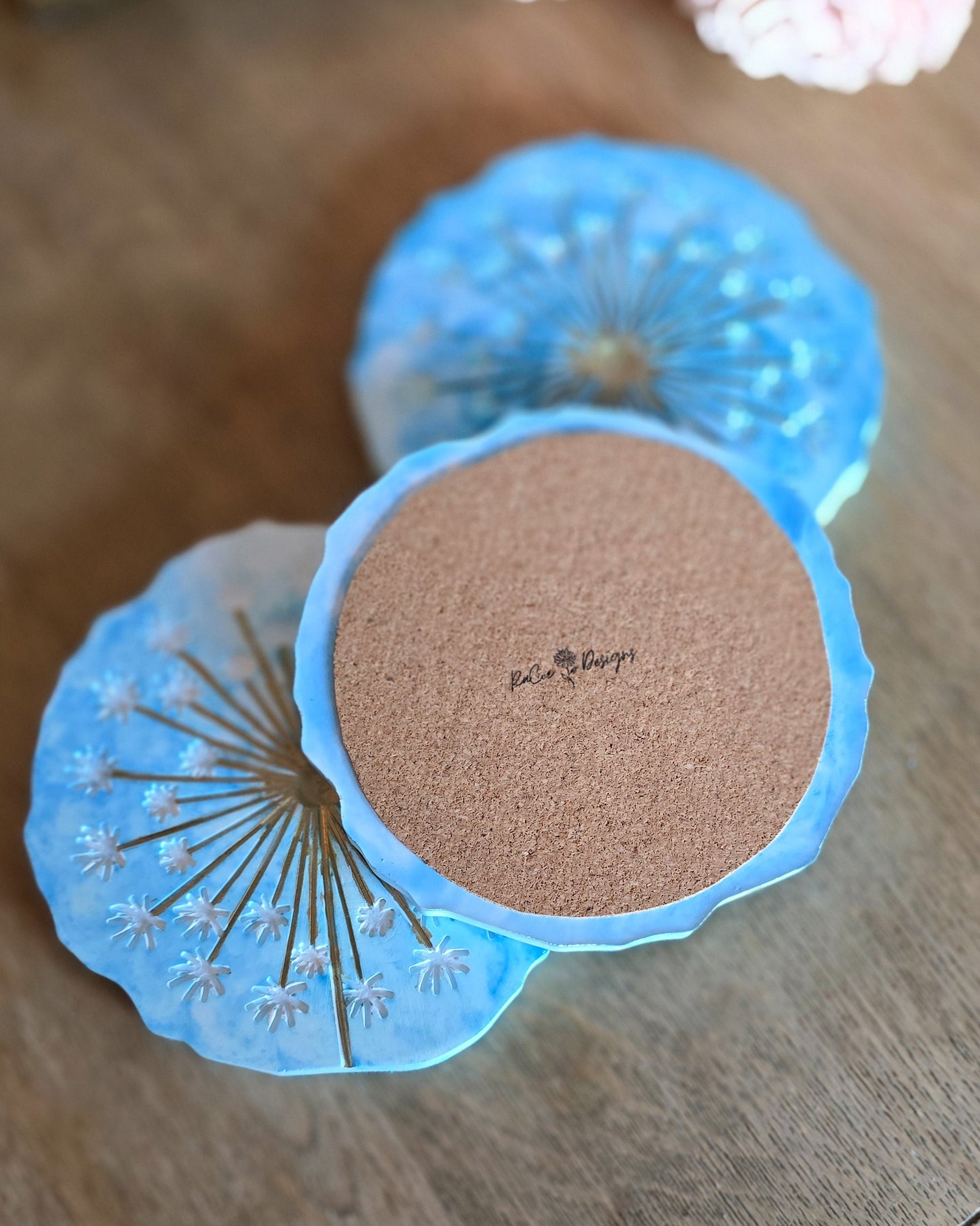 Dandelion cement Coaster Set, Blue and white coaster decor, hot or cold beverage coasters