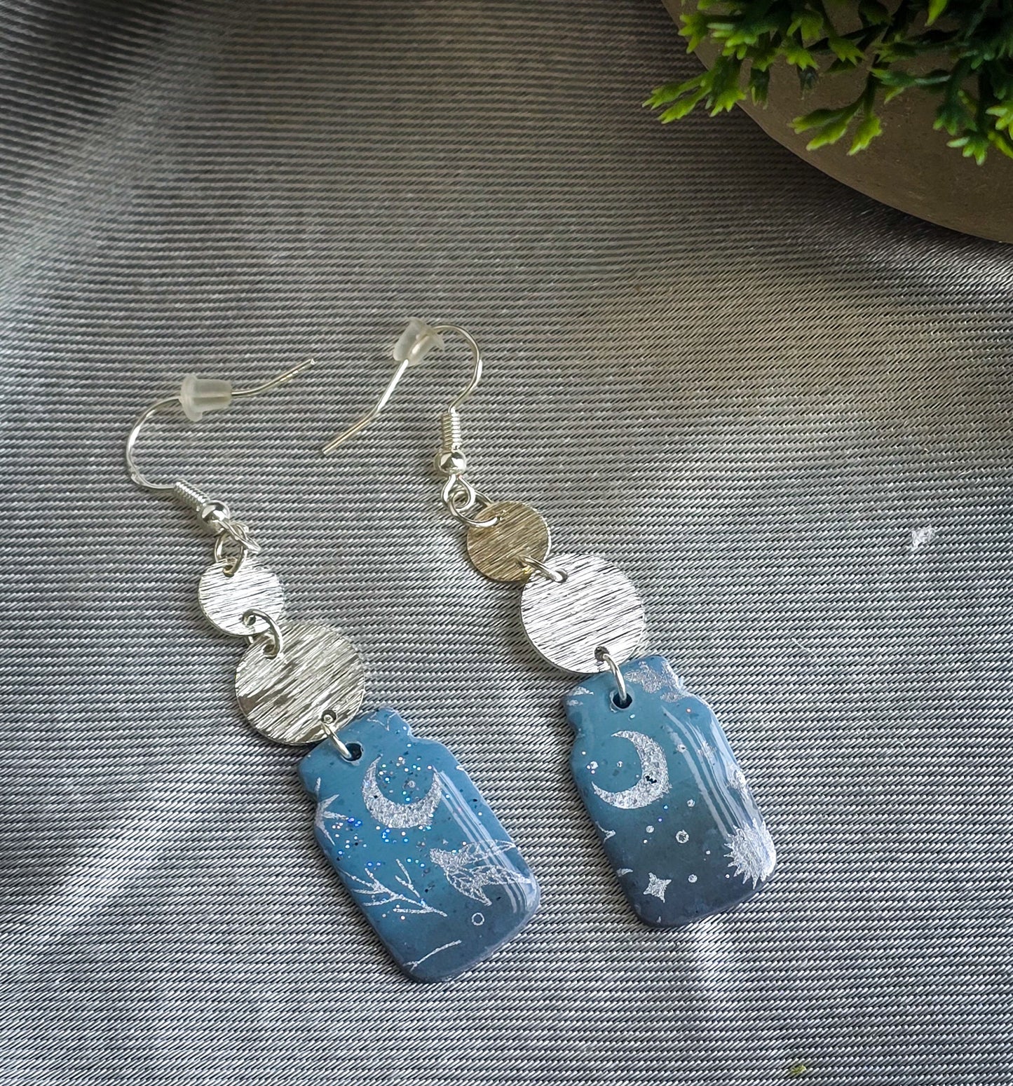 Silver Polymer Clay Moon & Star Dangle earrings, hypoallergenic, dressy or casual jewelry