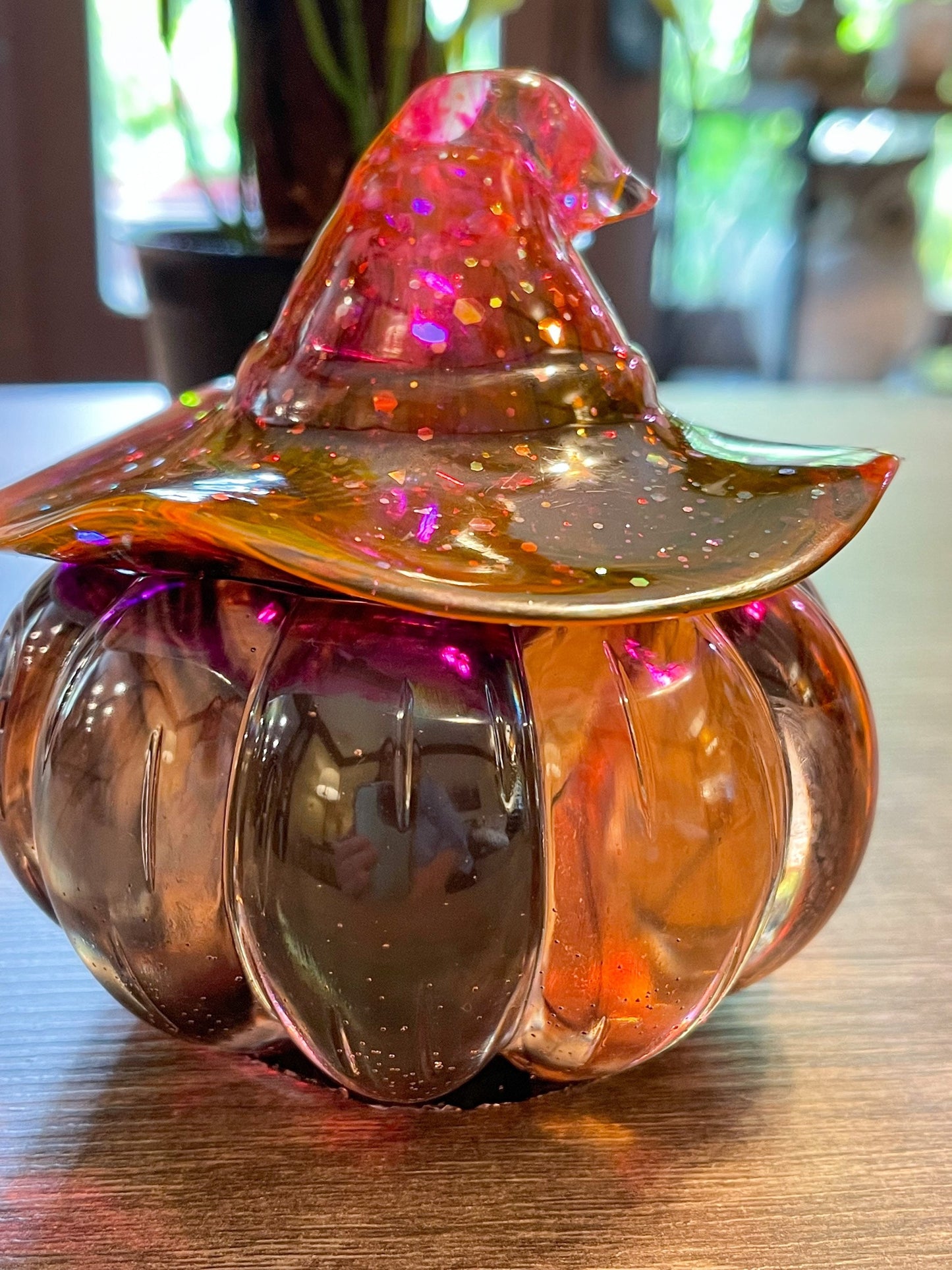 Light up Pumpkin Jar with witches hat, Halloween decoration, trinket jar, candy bowl