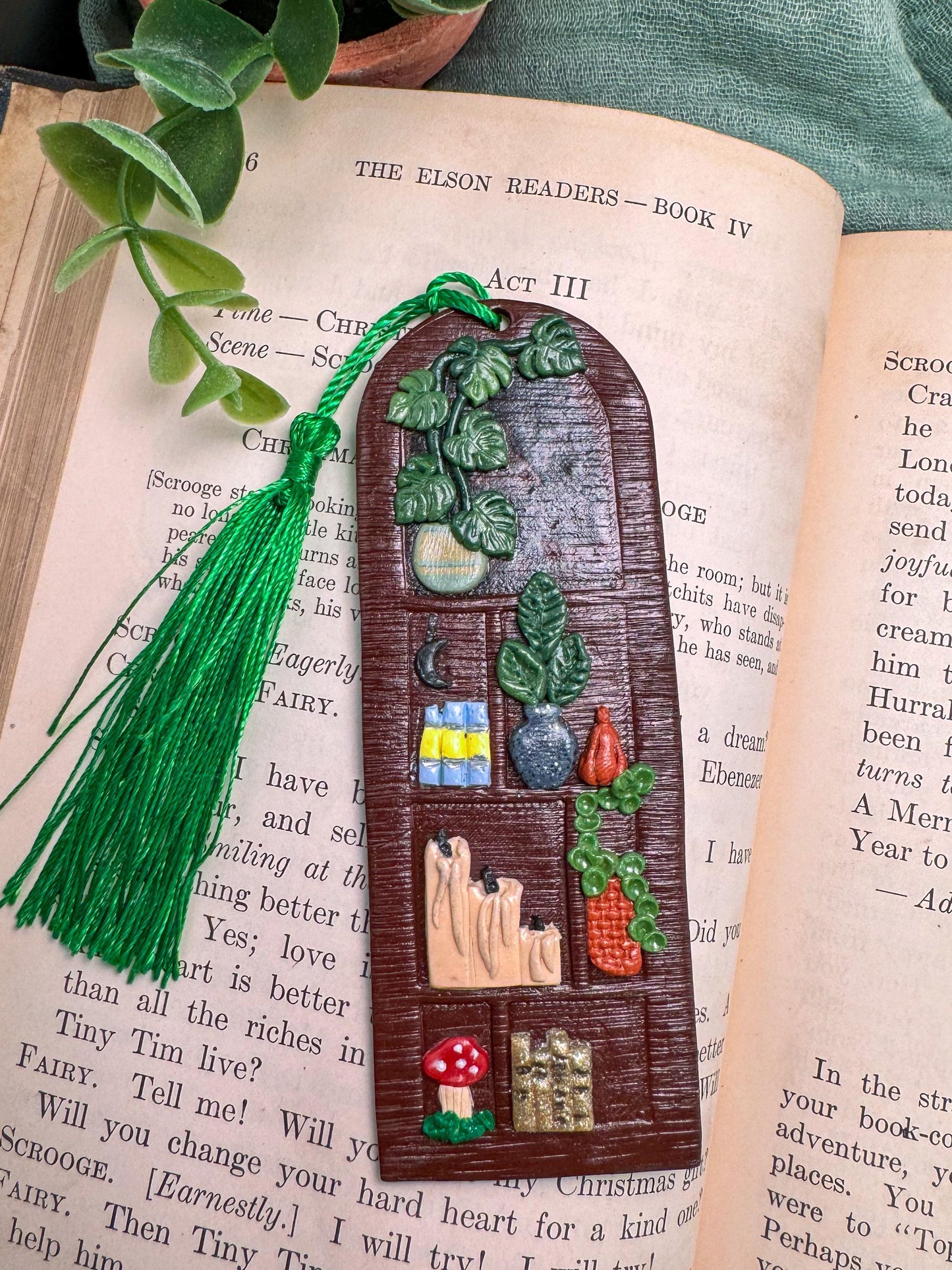Polymer Clay Bookshelf Bookmark, book lover gift,  book accessories, handmade  reader gift, plant bookmark