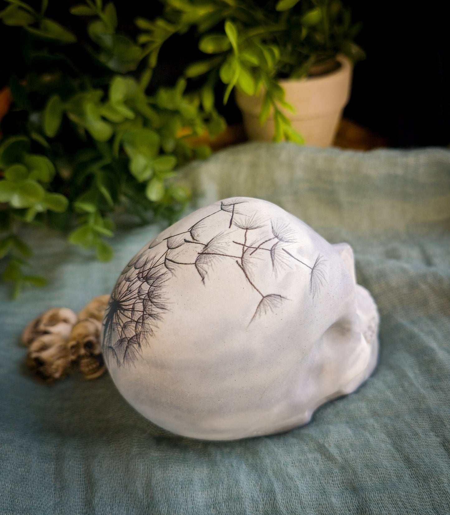 Concrete Skull with Dandelion, Unique Home Decor, paperweight for desk