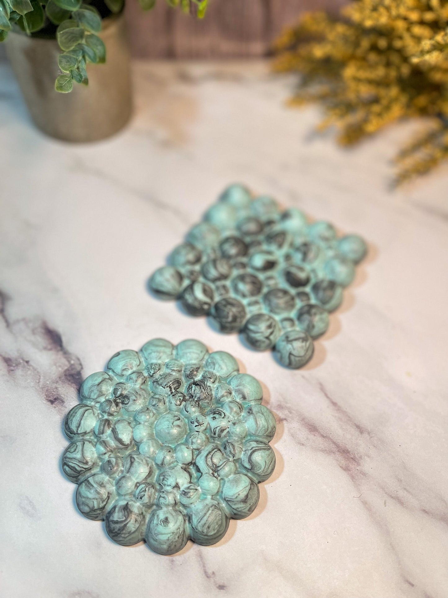 Teal and Black cement  Coaster Set, Bubble coasters