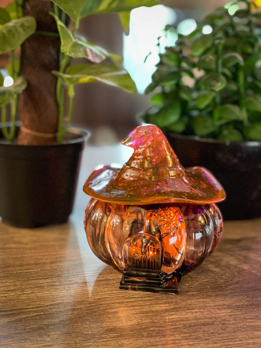 Light up Pumpkin Jar with witches hat, Halloween decoration, trinket jar, candy bowl