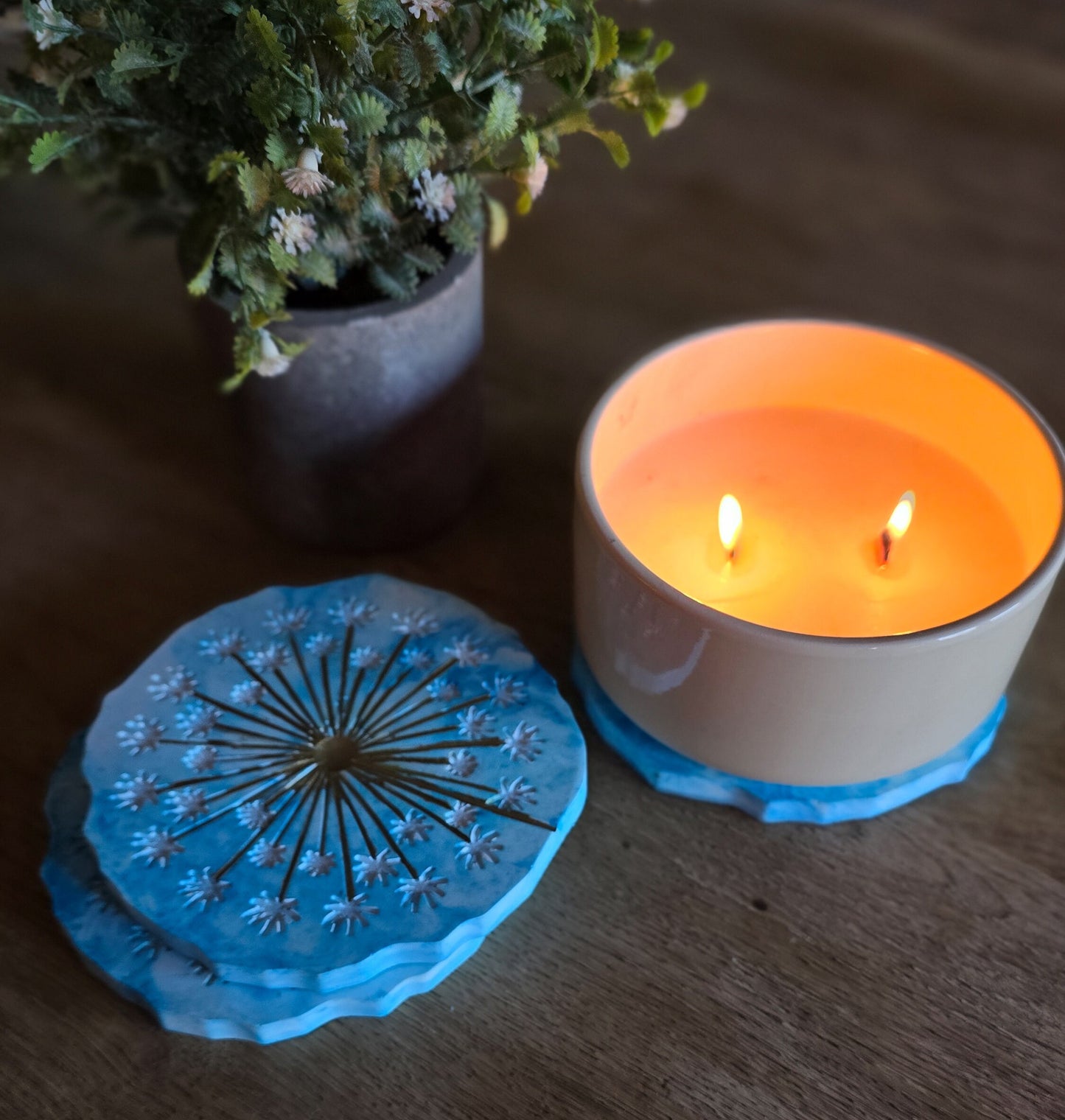 Dandelion cement Coaster Set, Blue and white coaster decor, hot or cold beverage coasters