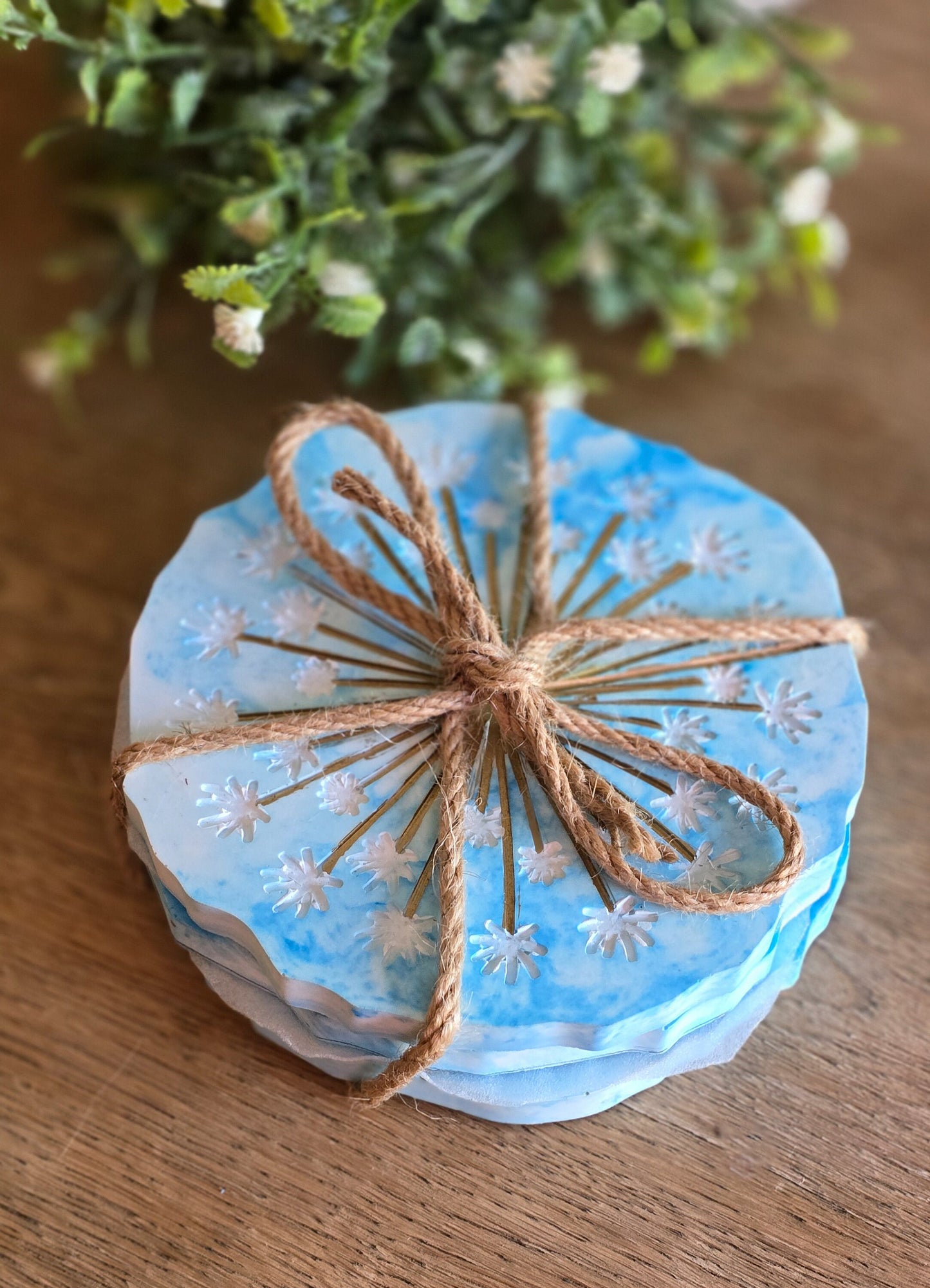 Dandelion cement Coaster Set, Blue and white coaster decor, hot or cold beverage coasters