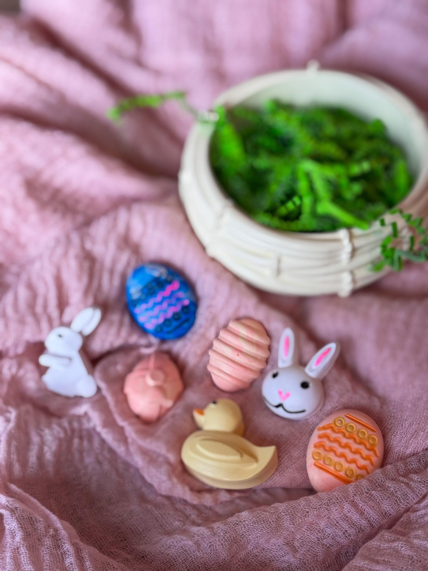 Easter Basket dish with mini bunny and decorated eggs