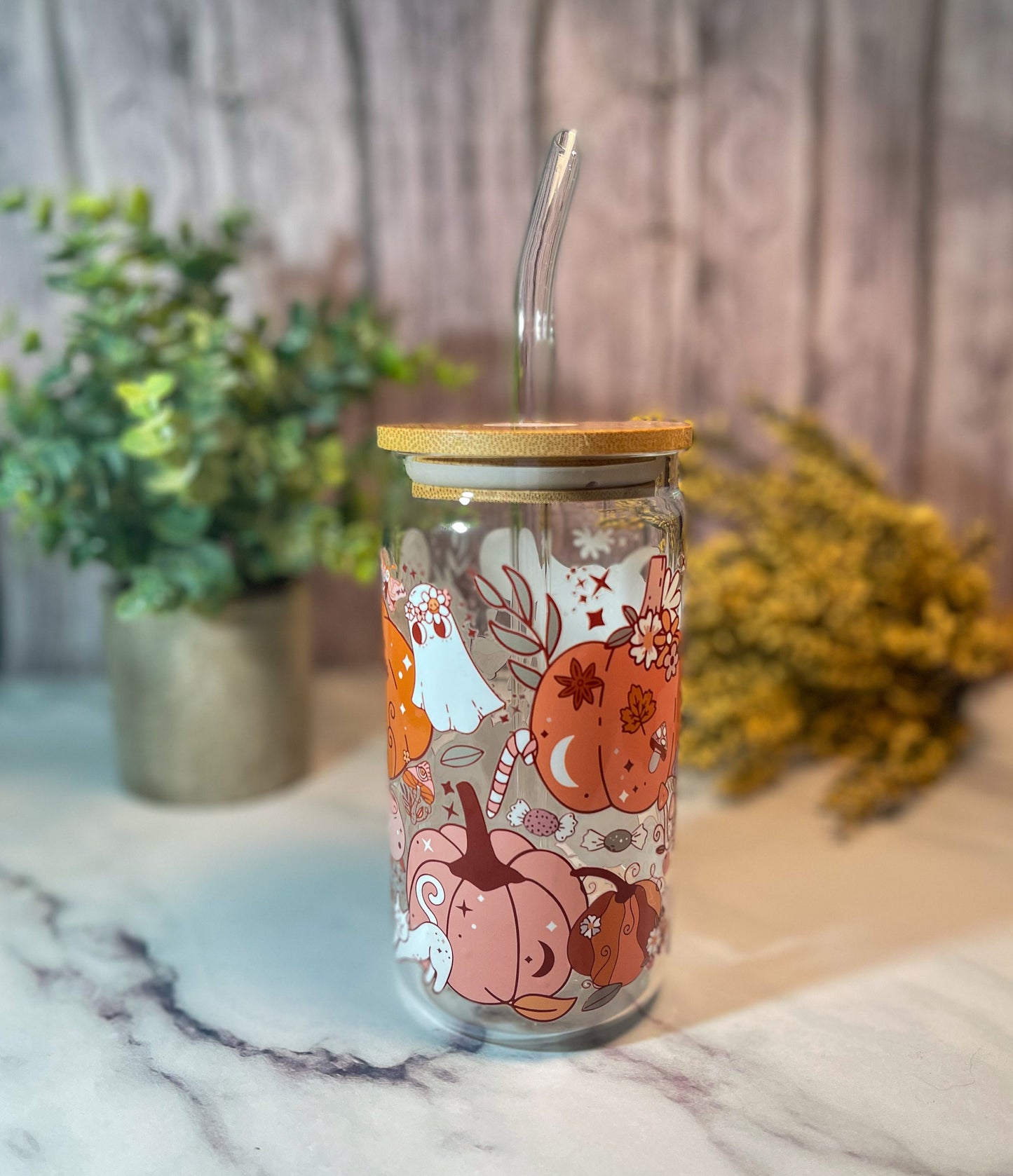 Fall 16 ounce glass with bamboo lid and glass straw