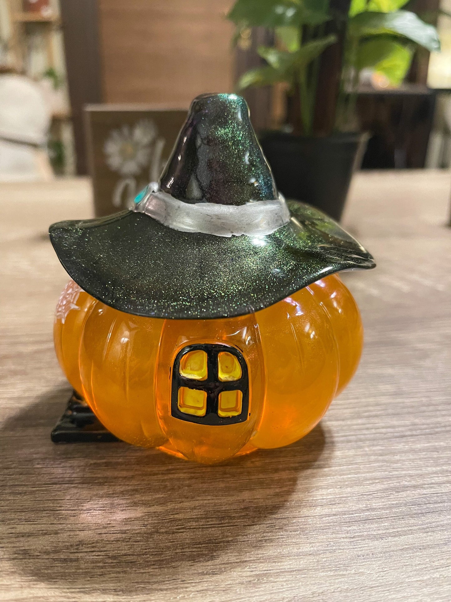 Light up Pumpkin Jar with witches hat, Halloween decoration, trinket jar, candy bowl