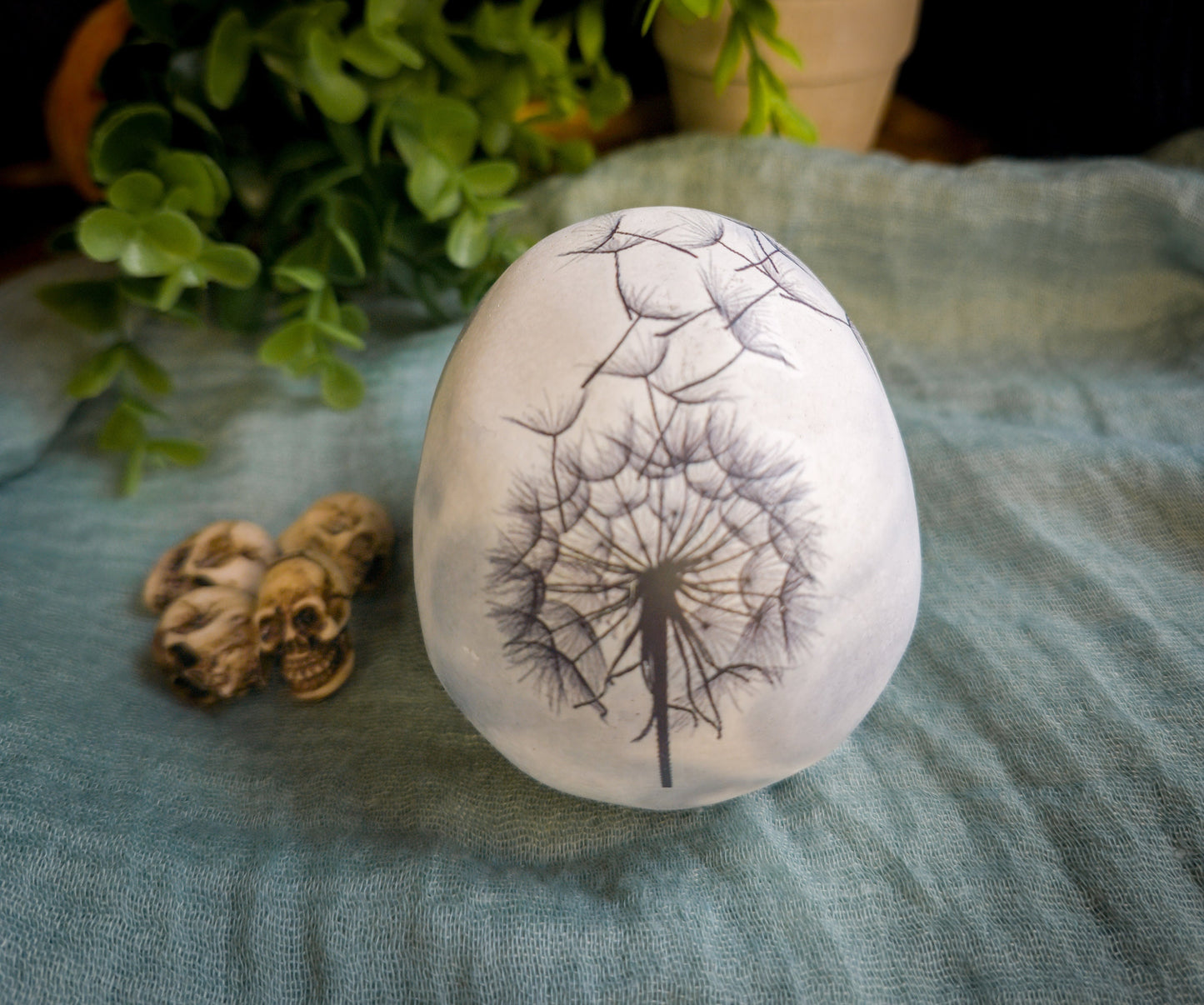 Concrete Skull with Dandelion, Unique Home Decor, paperweight for desk