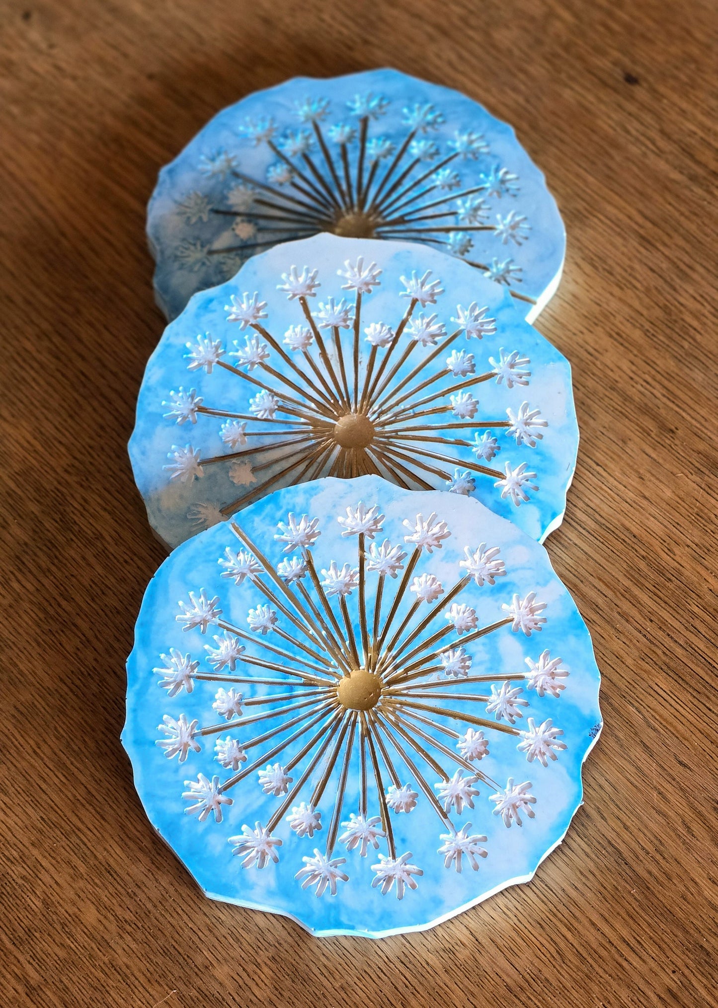 Dandelion cement Coaster Set, Blue and white coaster decor, hot or cold beverage coasters