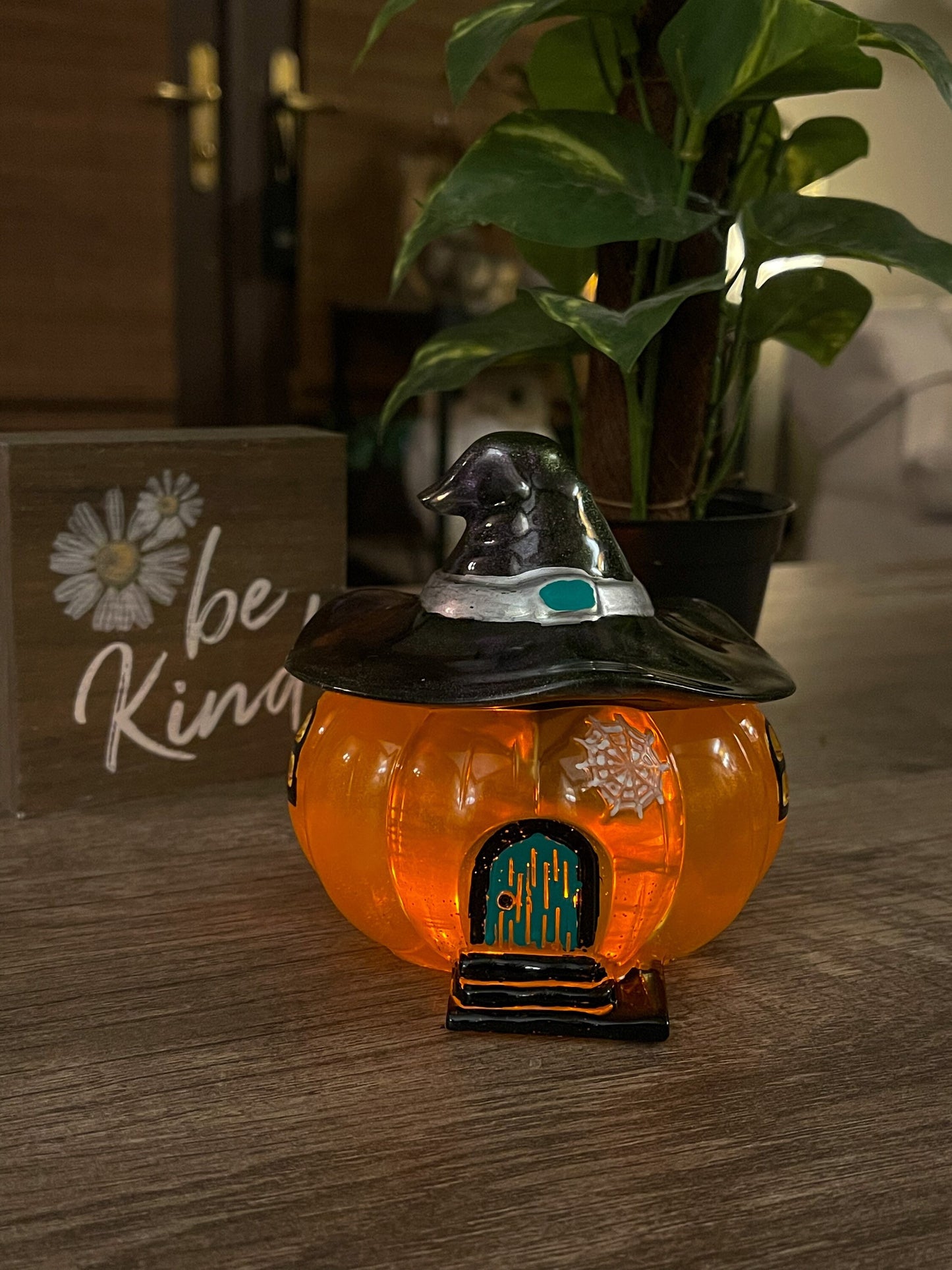 Light up Pumpkin Jar with witches hat, Halloween decoration, trinket jar, candy bowl