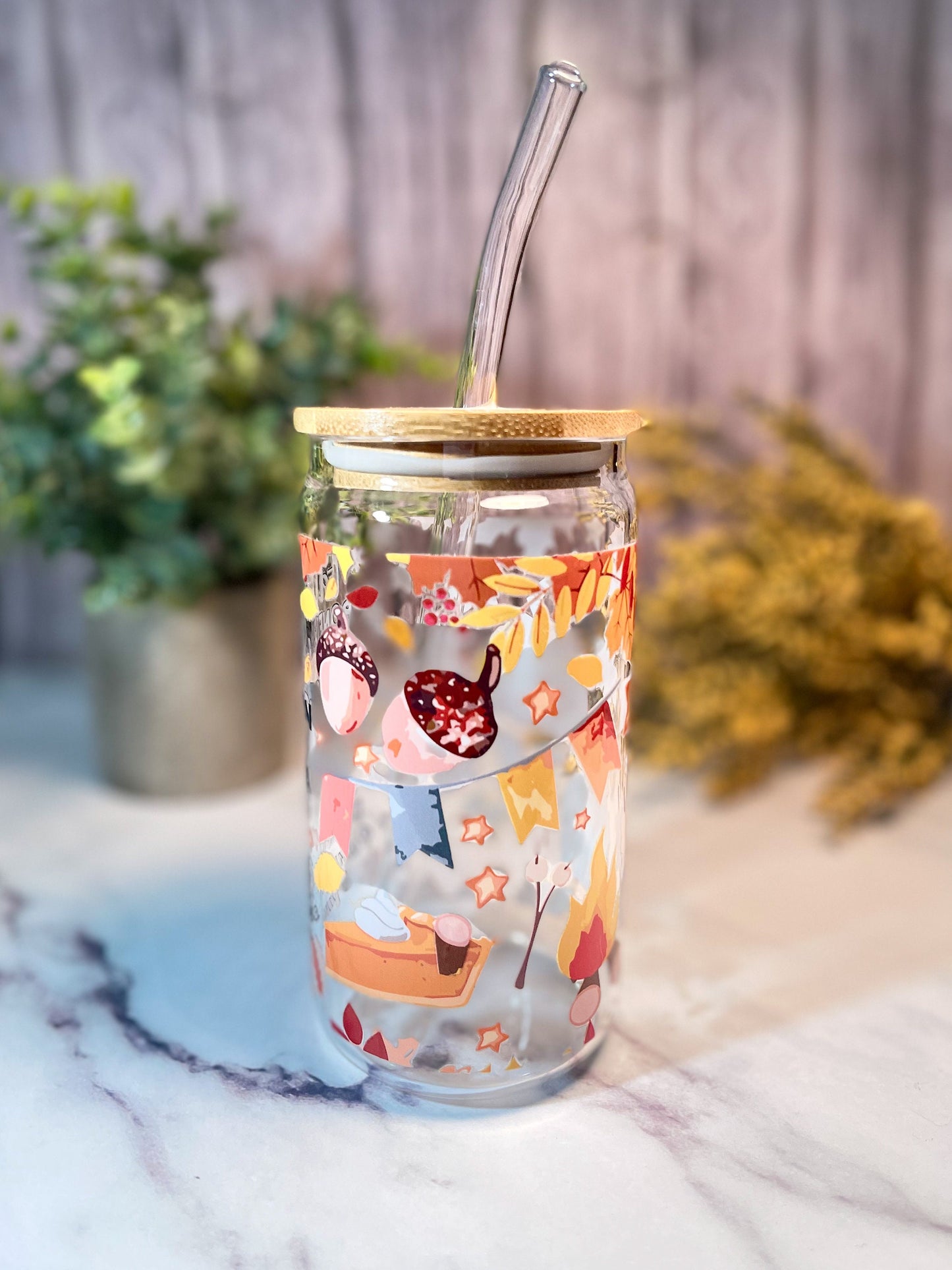 Fall 16 ounce glass with bamboo lid and glass straw