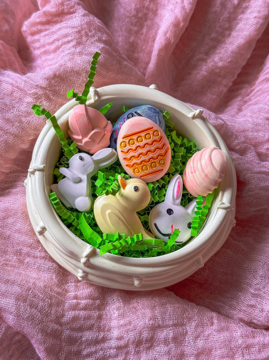 Easter Basket dish with mini bunny and decorated eggs