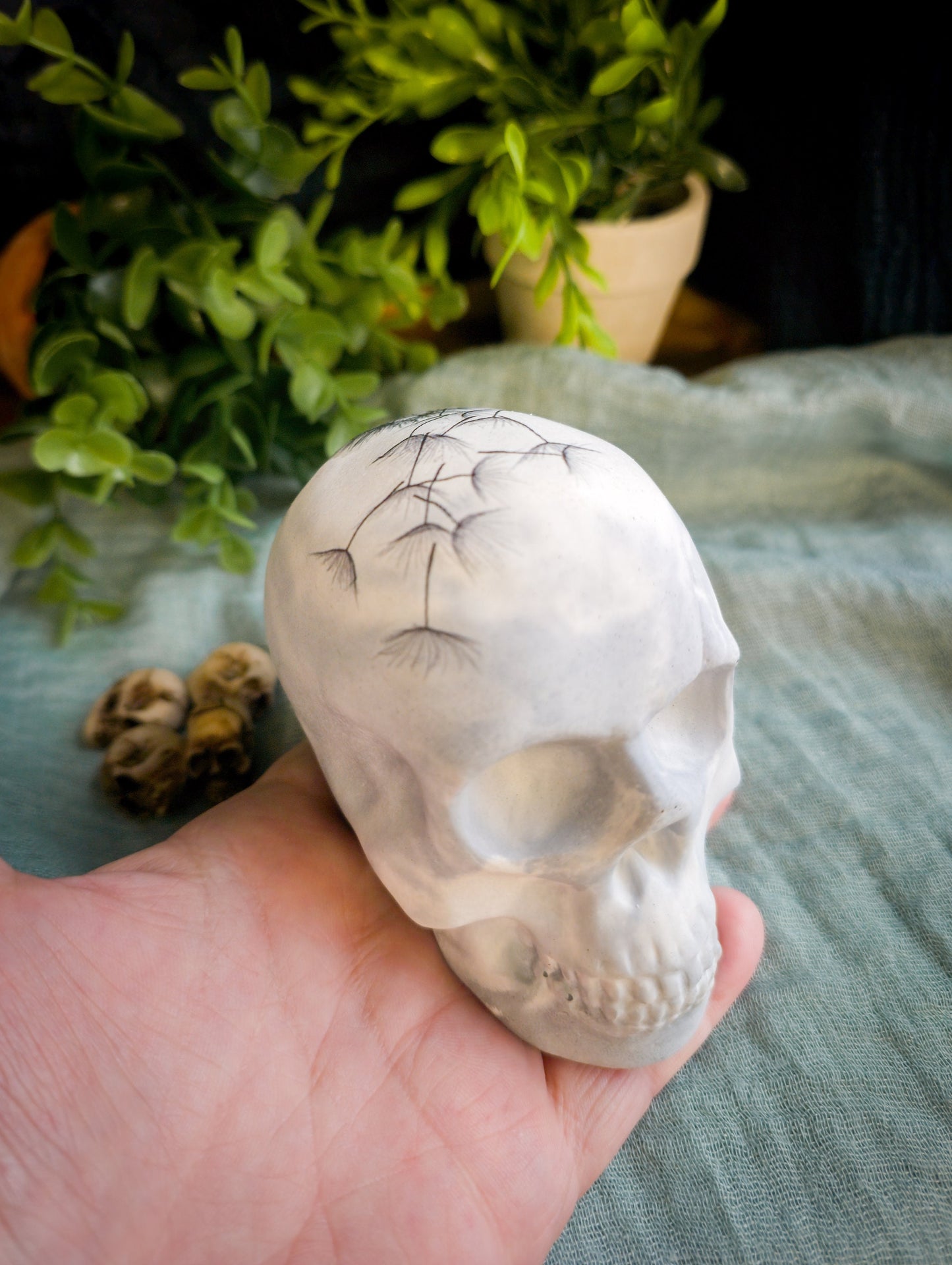 Concrete Skull with Dandelion, Unique Home Decor, paperweight for desk