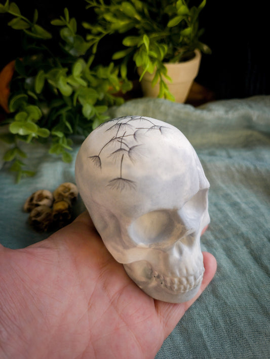 Concrete Skull with Dandelion, Unique Home Decor, paperweight for desk