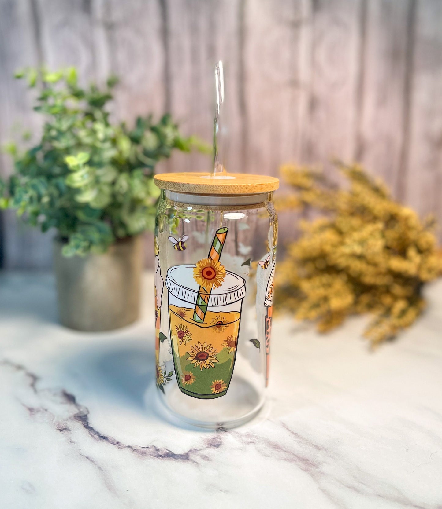 Fall 16 ounce glass with bamboo lid and glass straw