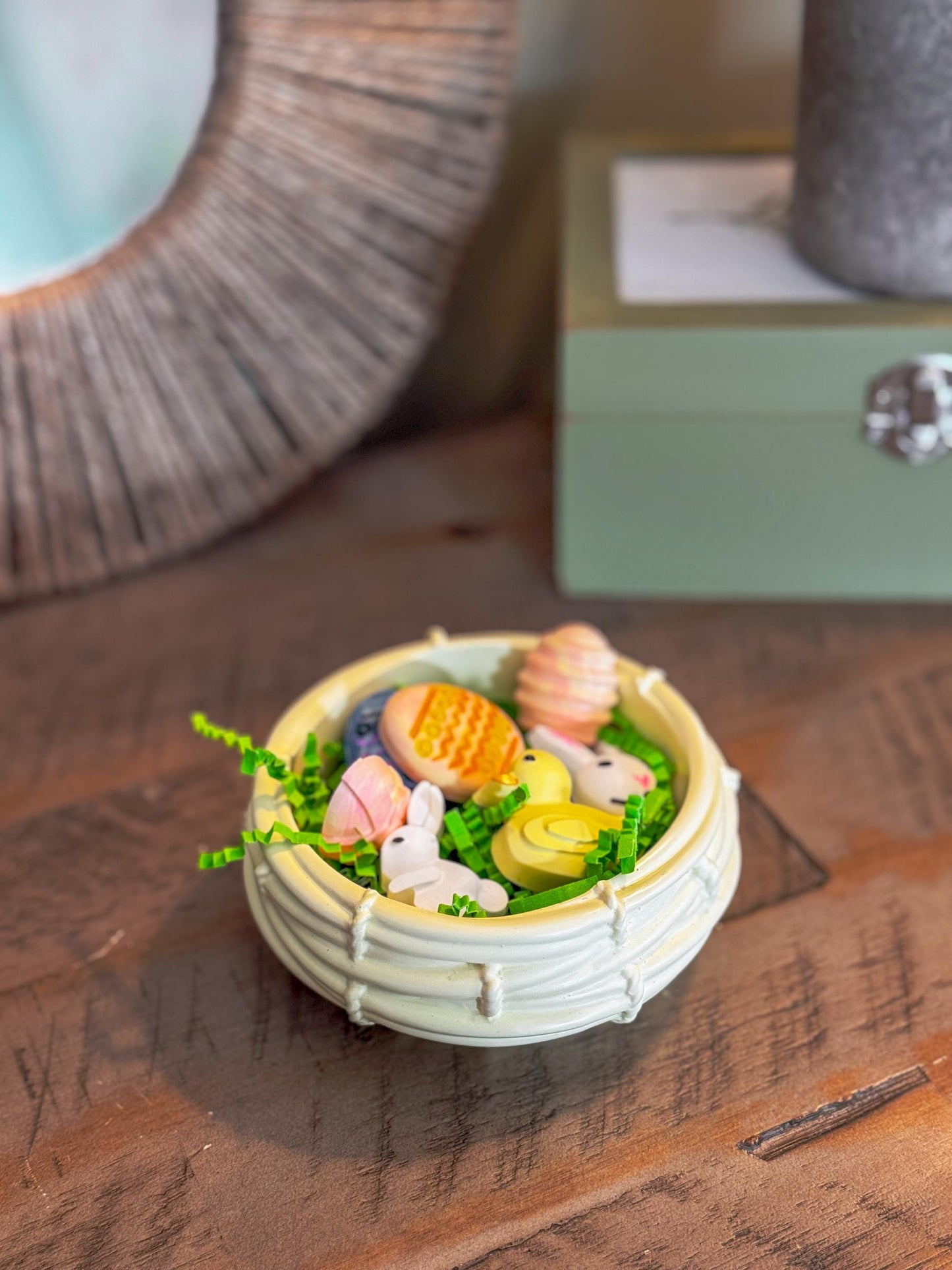 Easter Basket dish with mini bunny and decorated eggs