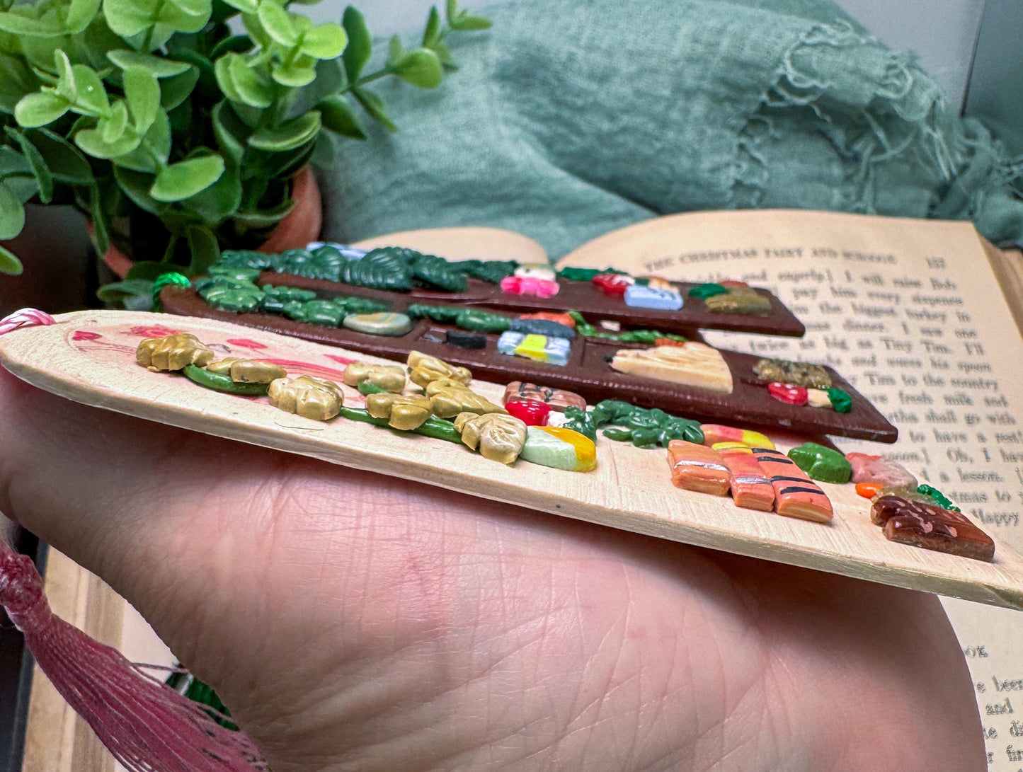 Polymer Clay Bookshelf Bookmark, book lover gift,  book accessories, handmade  reader gift, plant bookmark