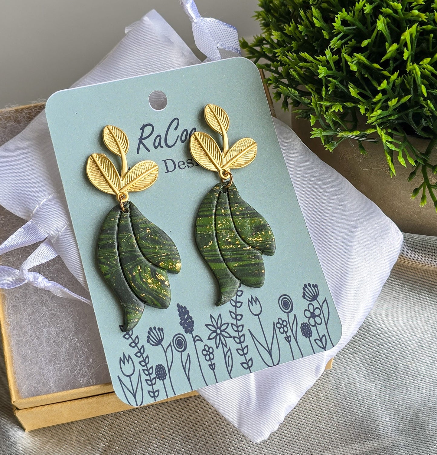 Polymer Clay dangle earrings, Green and brushed gold, dressy or casual jewelry