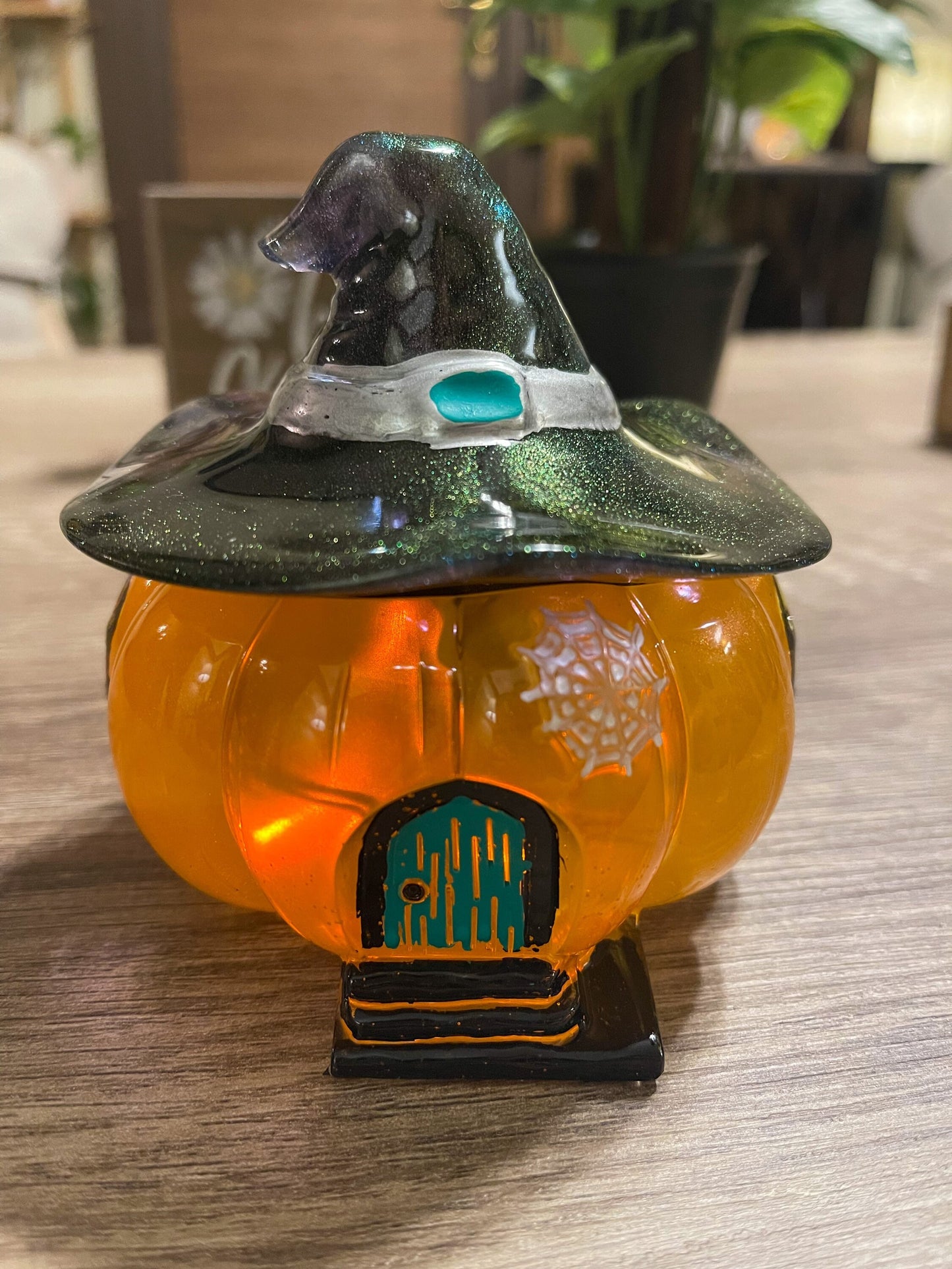 Light up Pumpkin Jar with witches hat, Halloween decoration, trinket jar, candy bowl