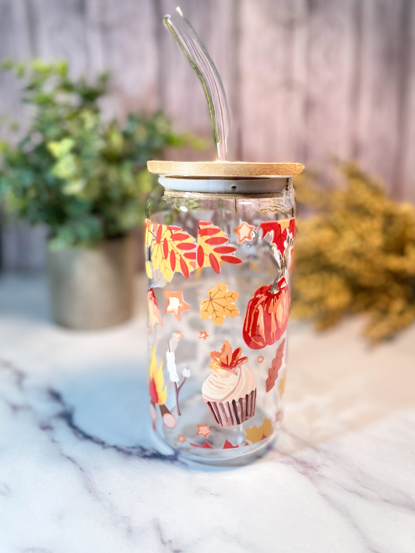 Fall 16 ounce glass with bamboo lid and glass straw