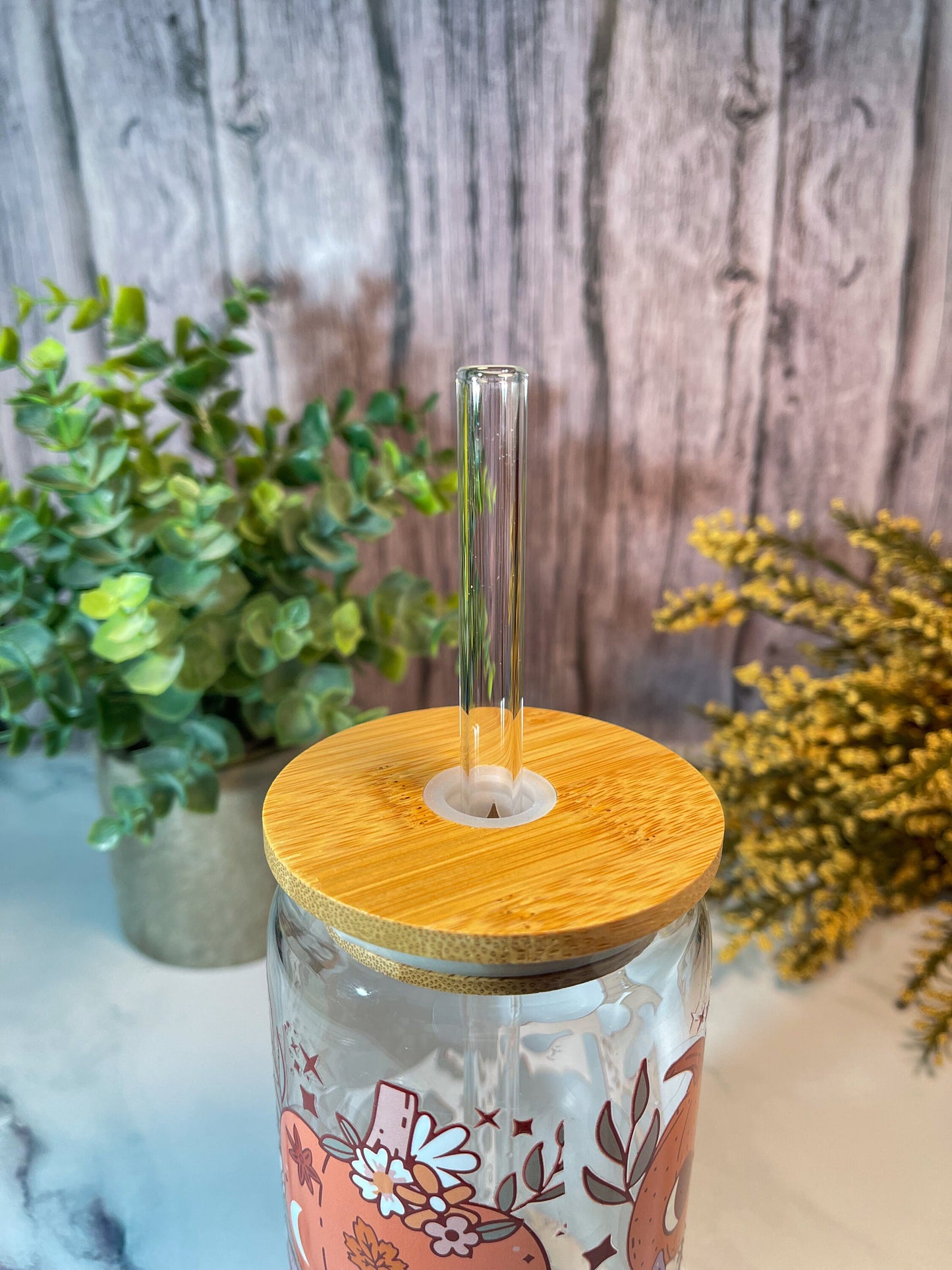 Fall 16 ounce glass with bamboo lid and glass straw