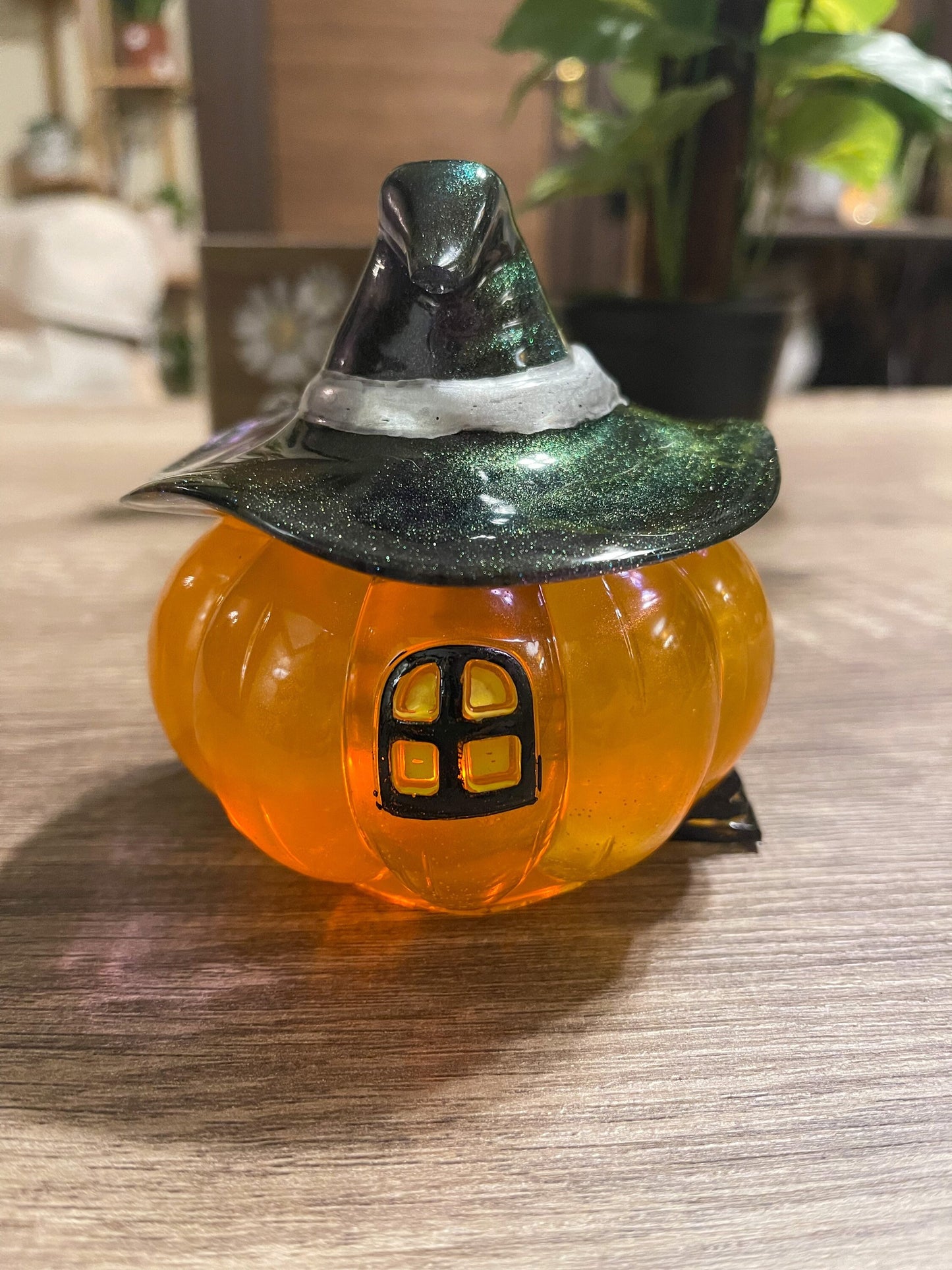 Light up Pumpkin Jar with witches hat, Halloween decoration, trinket jar, candy bowl