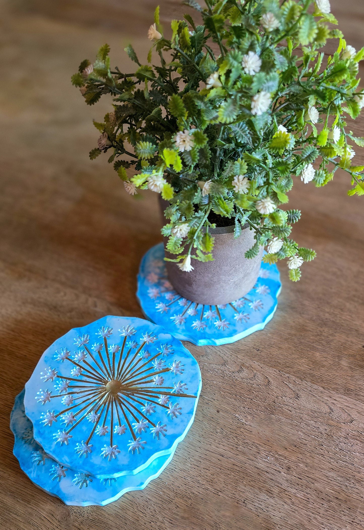 Dandelion cement Coaster Set, Blue and white coaster decor, hot or cold beverage coasters