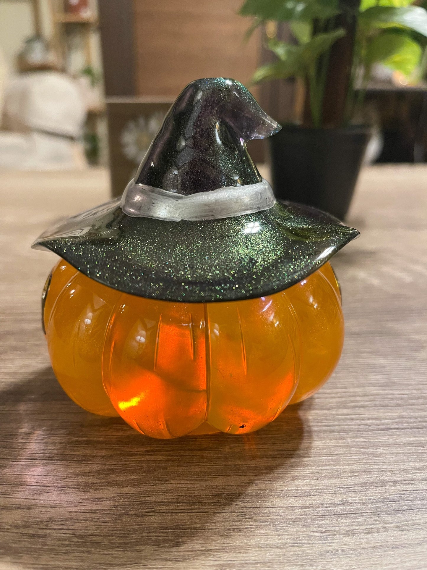 Light up Pumpkin Jar with witches hat, Halloween decoration, trinket jar, candy bowl